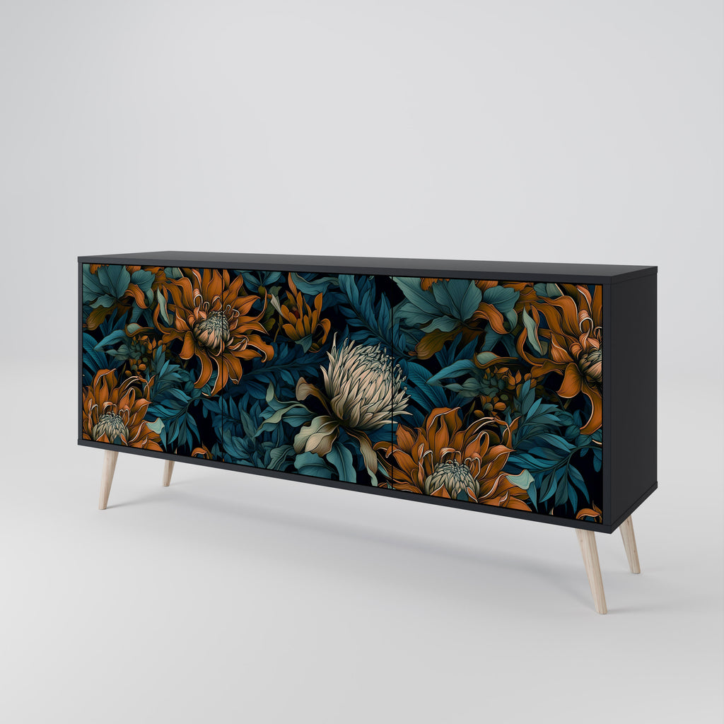 MORNING BLOOM 3-Door Sideboard in Black Finish