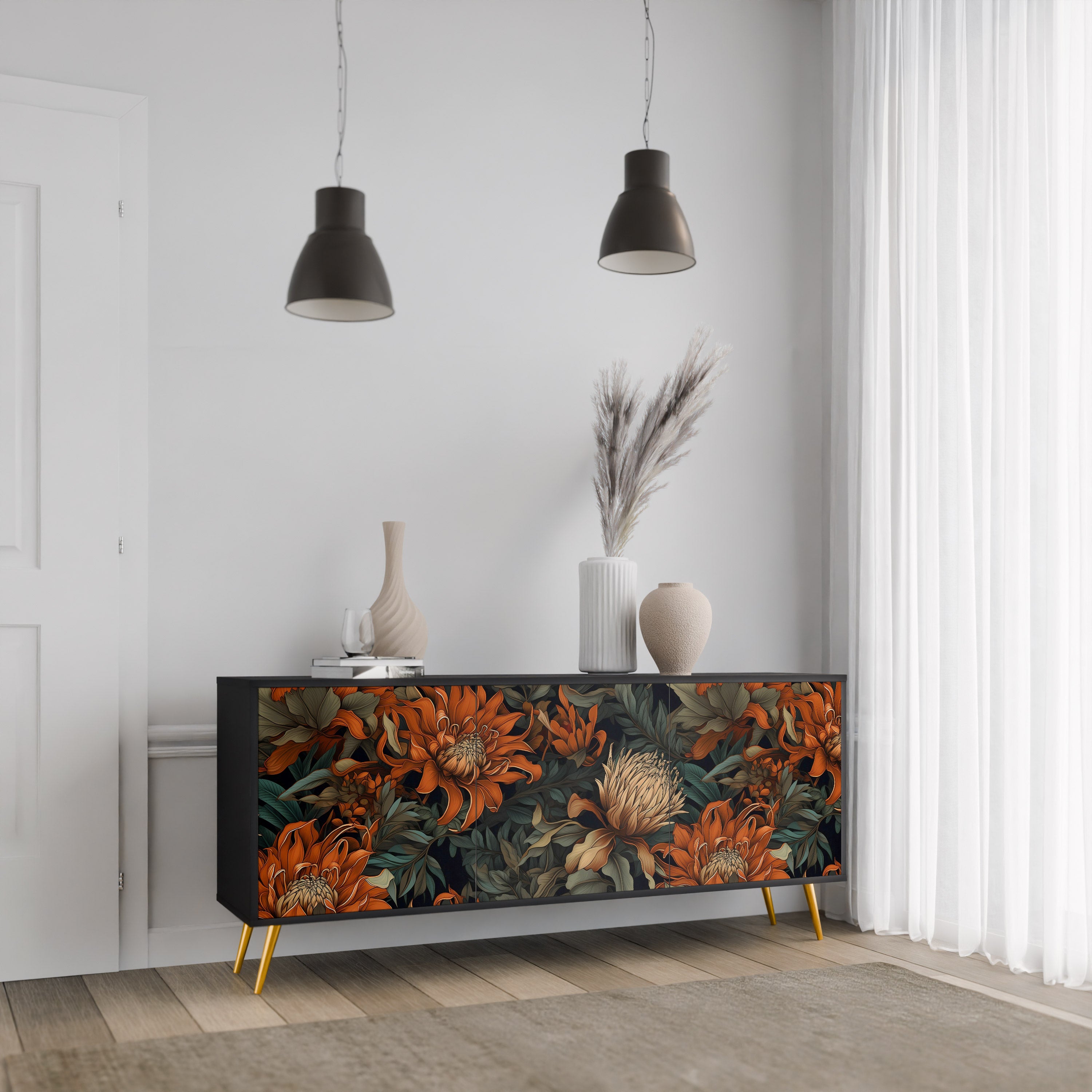 DAWN BLOOM 3-Door Sideboard in Black Finish