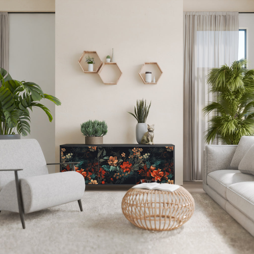 IMAGINARY BLOSSOM 3-Door Sideboard in Black Finish