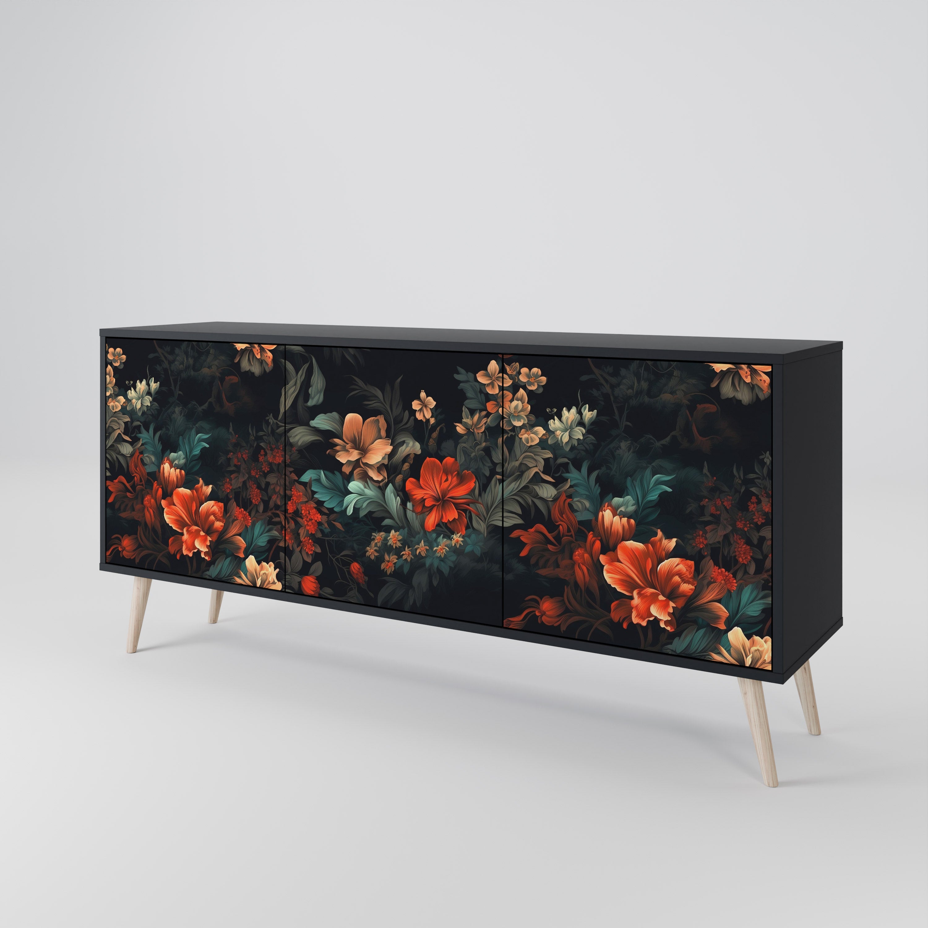 IMAGINARY BLOSSOM 3-Door Sideboard in Black Finish