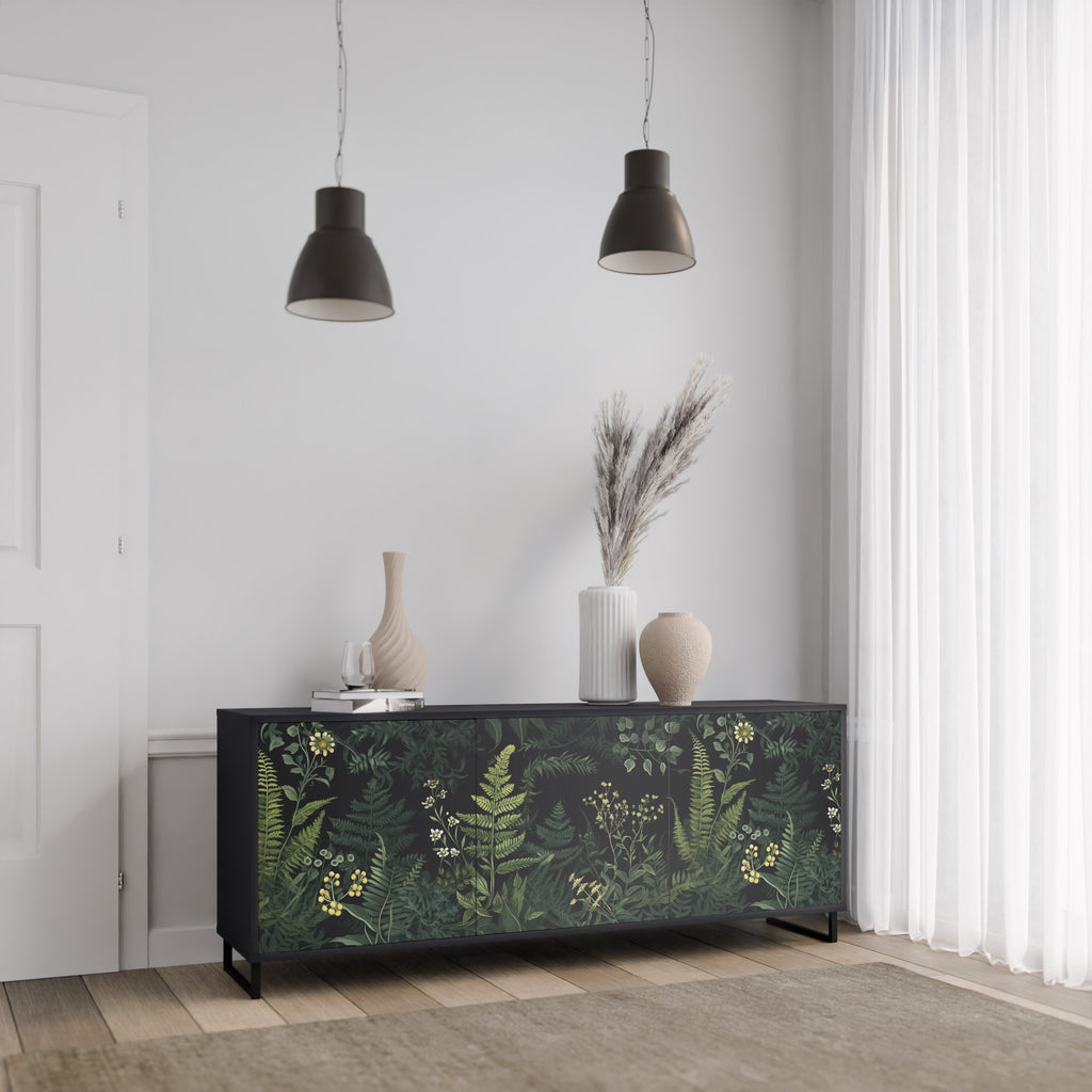 FERN FLOWERS 3-Door Sideboard in Black Finish