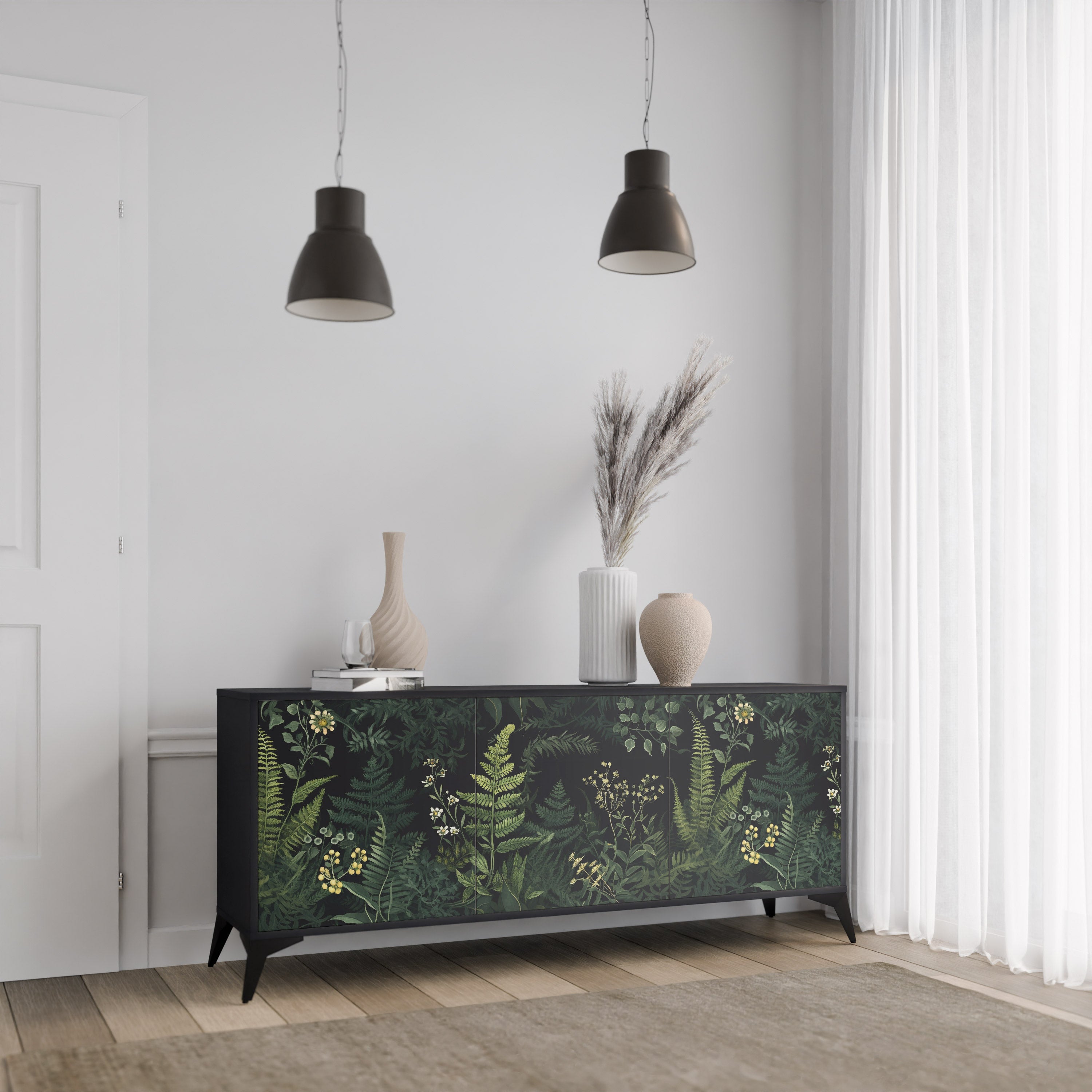 FERN FLOWERS 3-Door Sideboard in Black Finish
