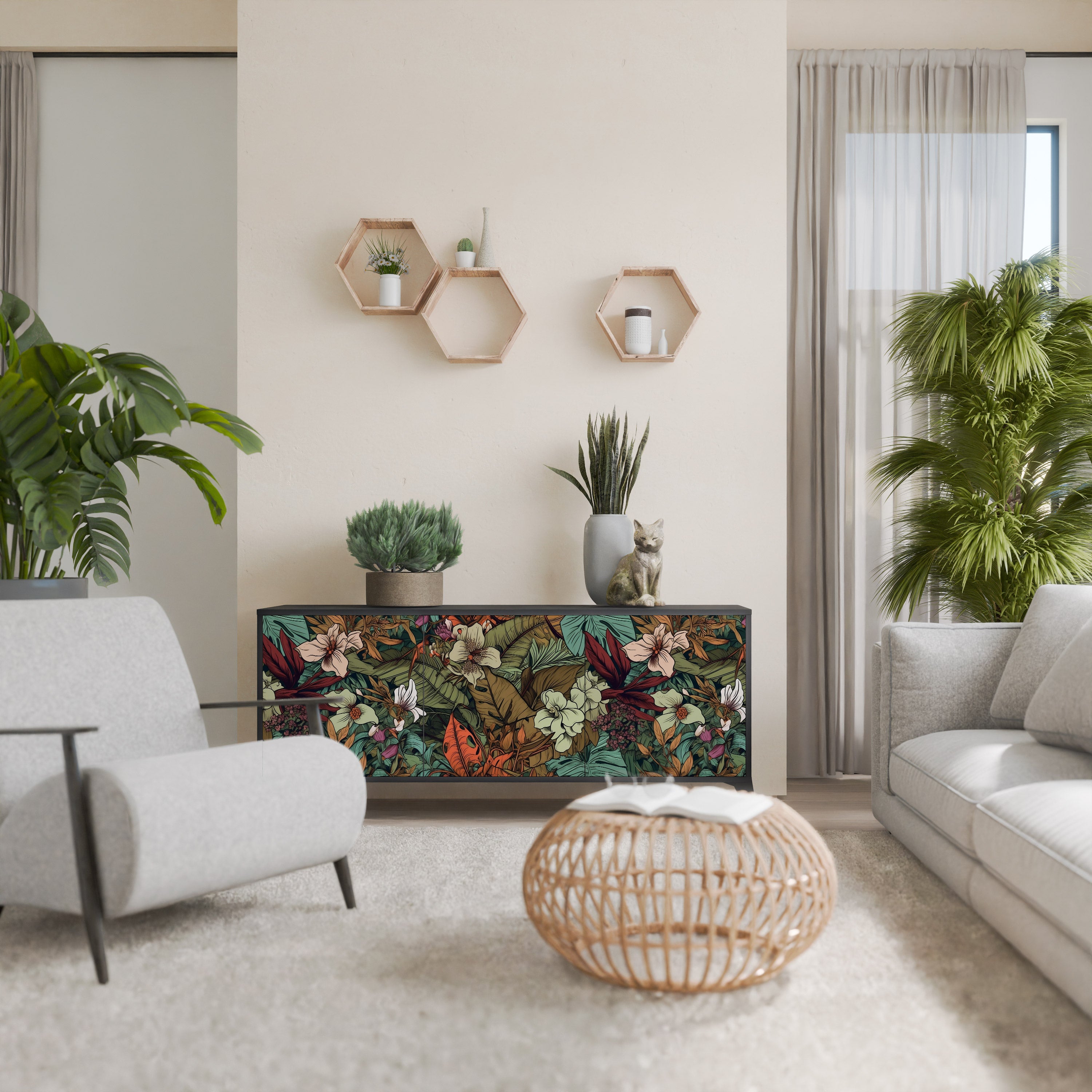 BOTANICAL EMERGENCE 3-Door Sideboard in Black Finish