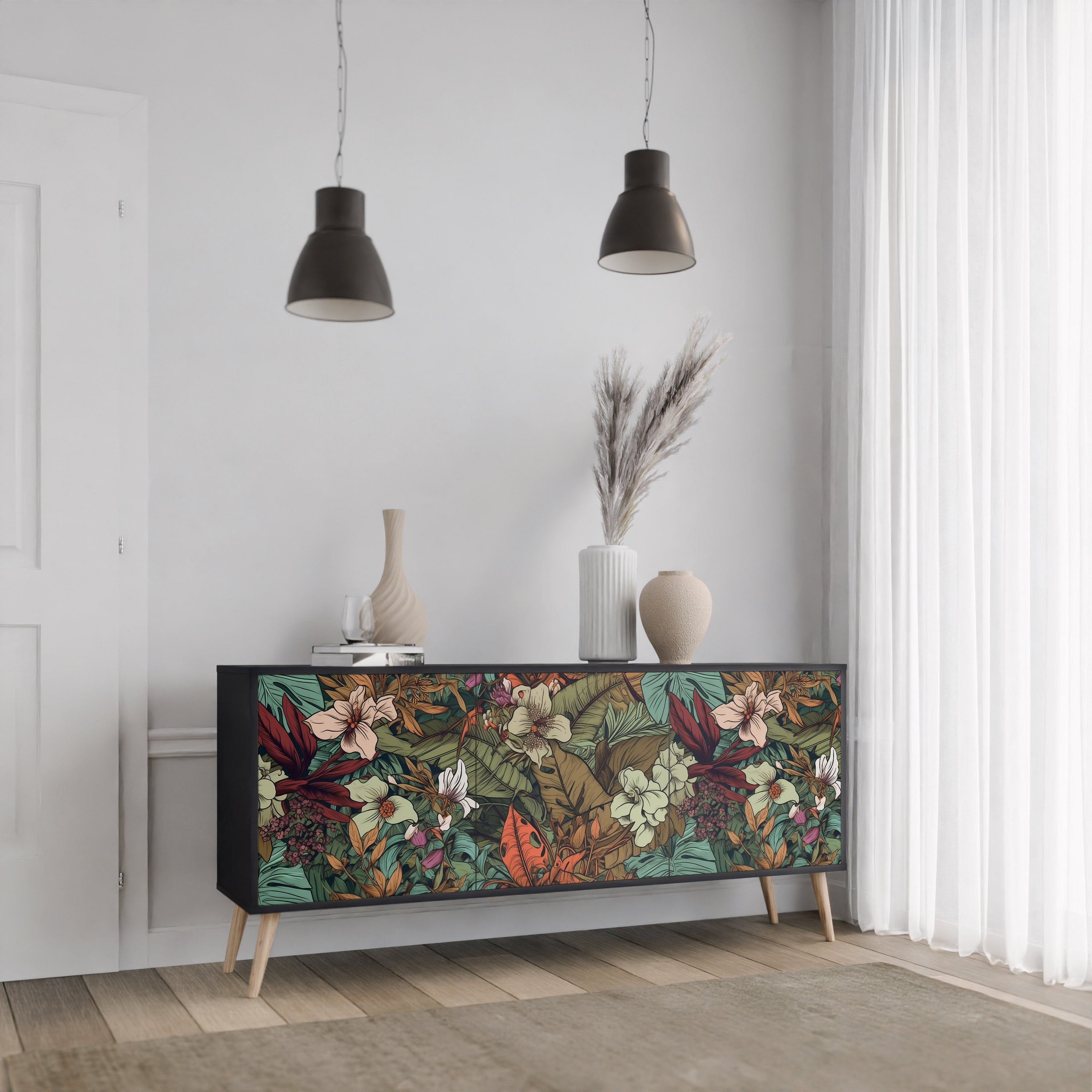 BOTANICAL EMERGENCE 3-Door Sideboard in Black Finish