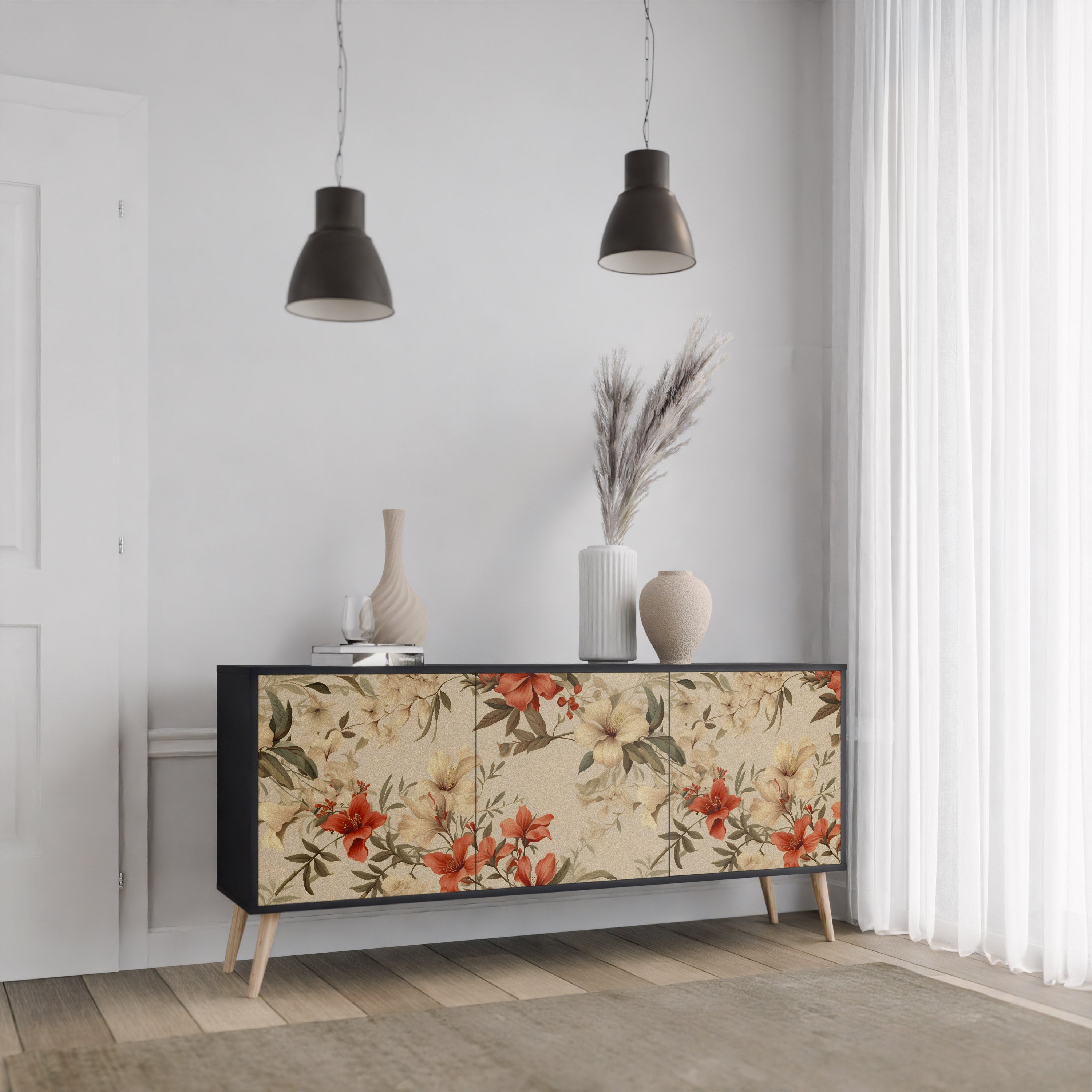 BLOOMING HARMONY 3-Door Sideboard in Black Finish