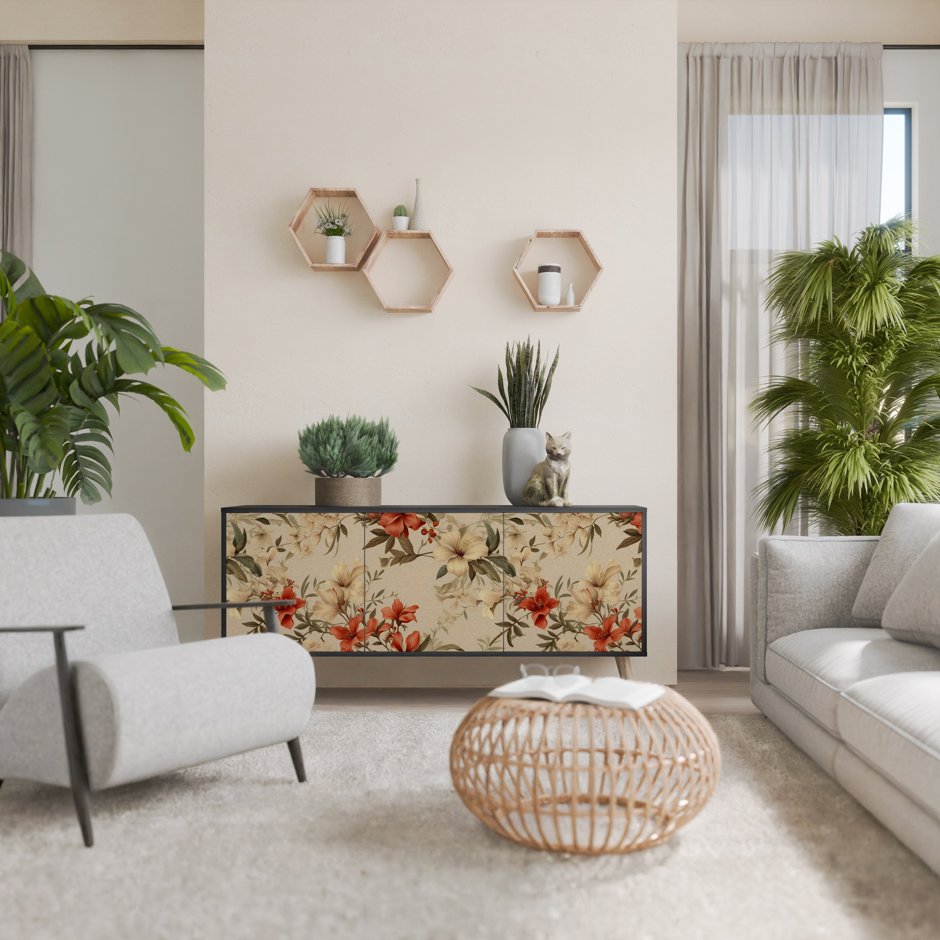 BLOOMING HARMONY 3-Door Sideboard in Black Finish