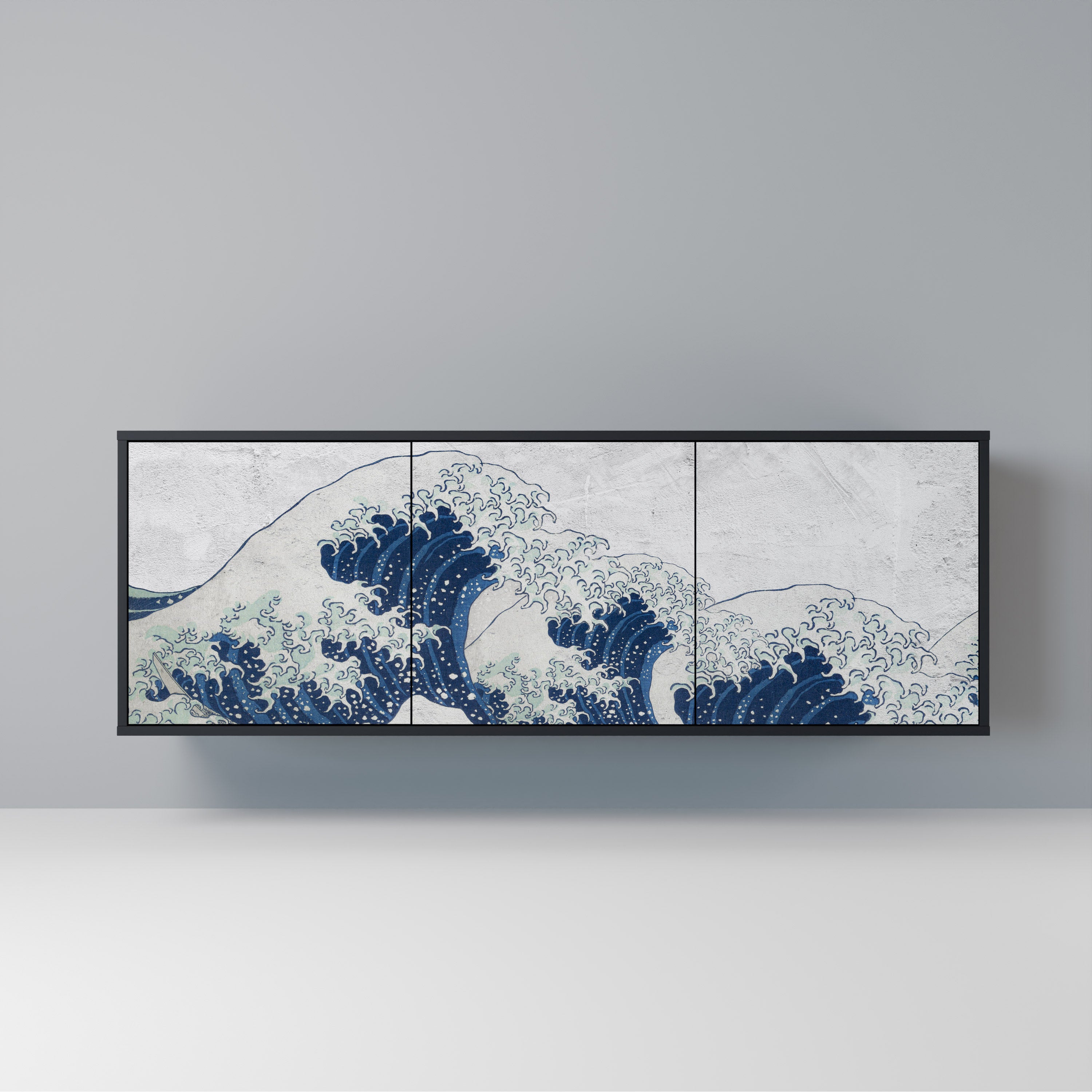 THE GREAT WAVE AT KANAGAWA 3-Door Sideboard in Black Finish
