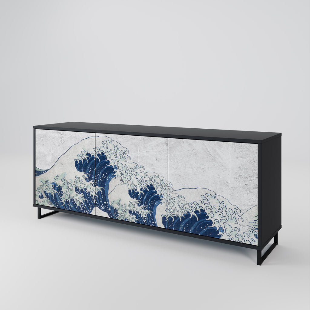 THE GREAT WAVE AT KANAGAWA 3-Door Sideboard in Black Finish