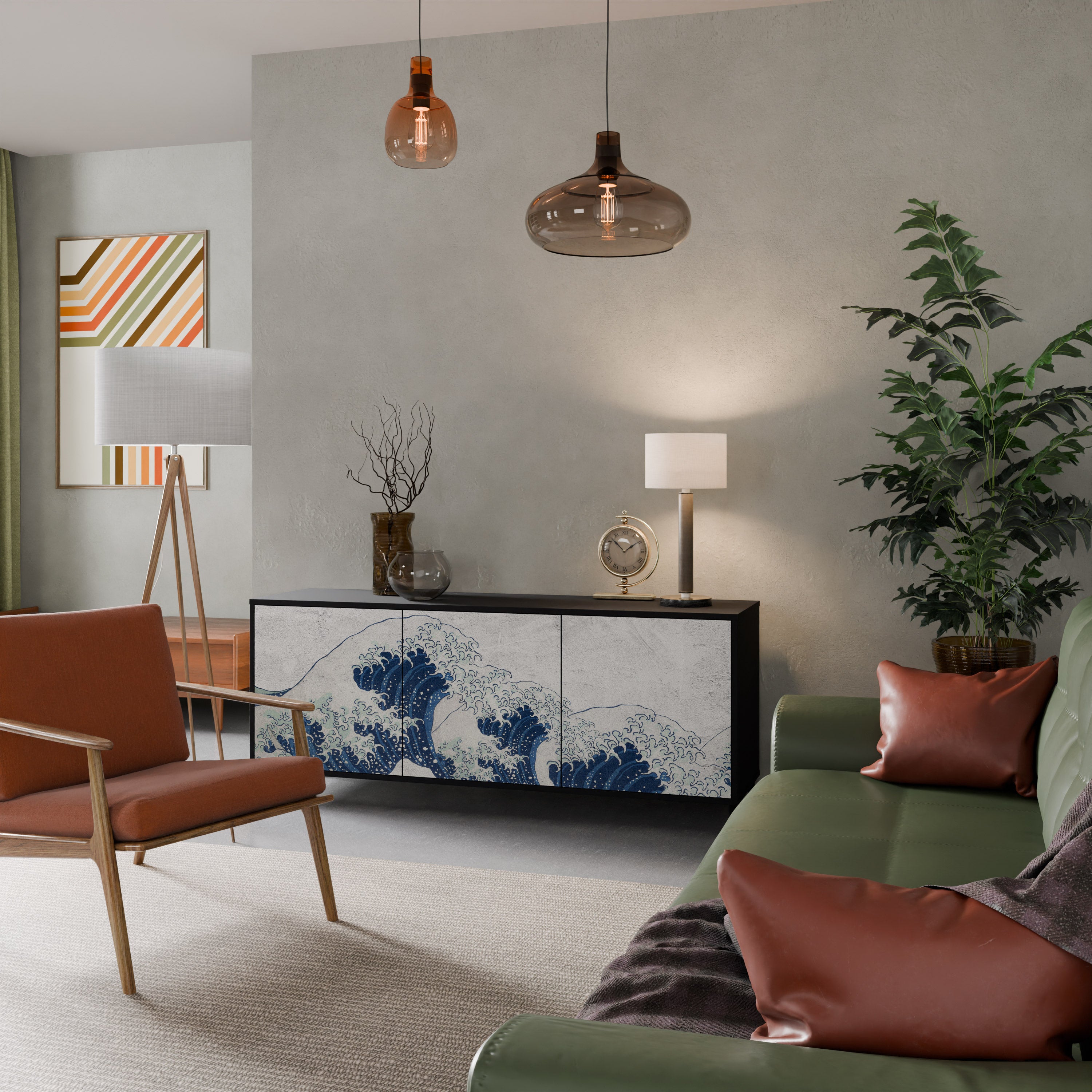 THE GREAT WAVE AT KANAGAWA 3-Door Sideboard in Black Finish