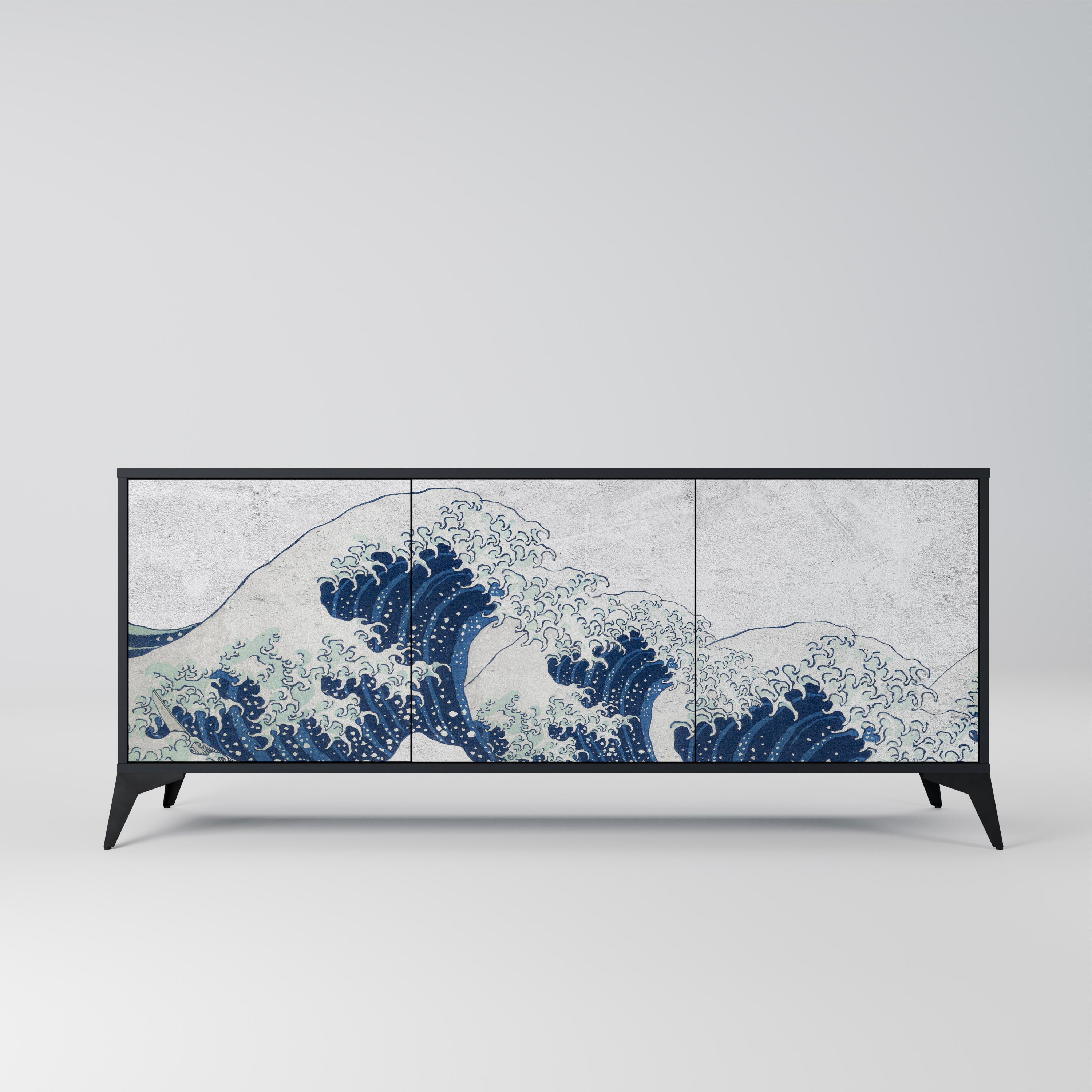 THE GREAT WAVE AT KANAGAWA 3-Door Sideboard in Black Finish