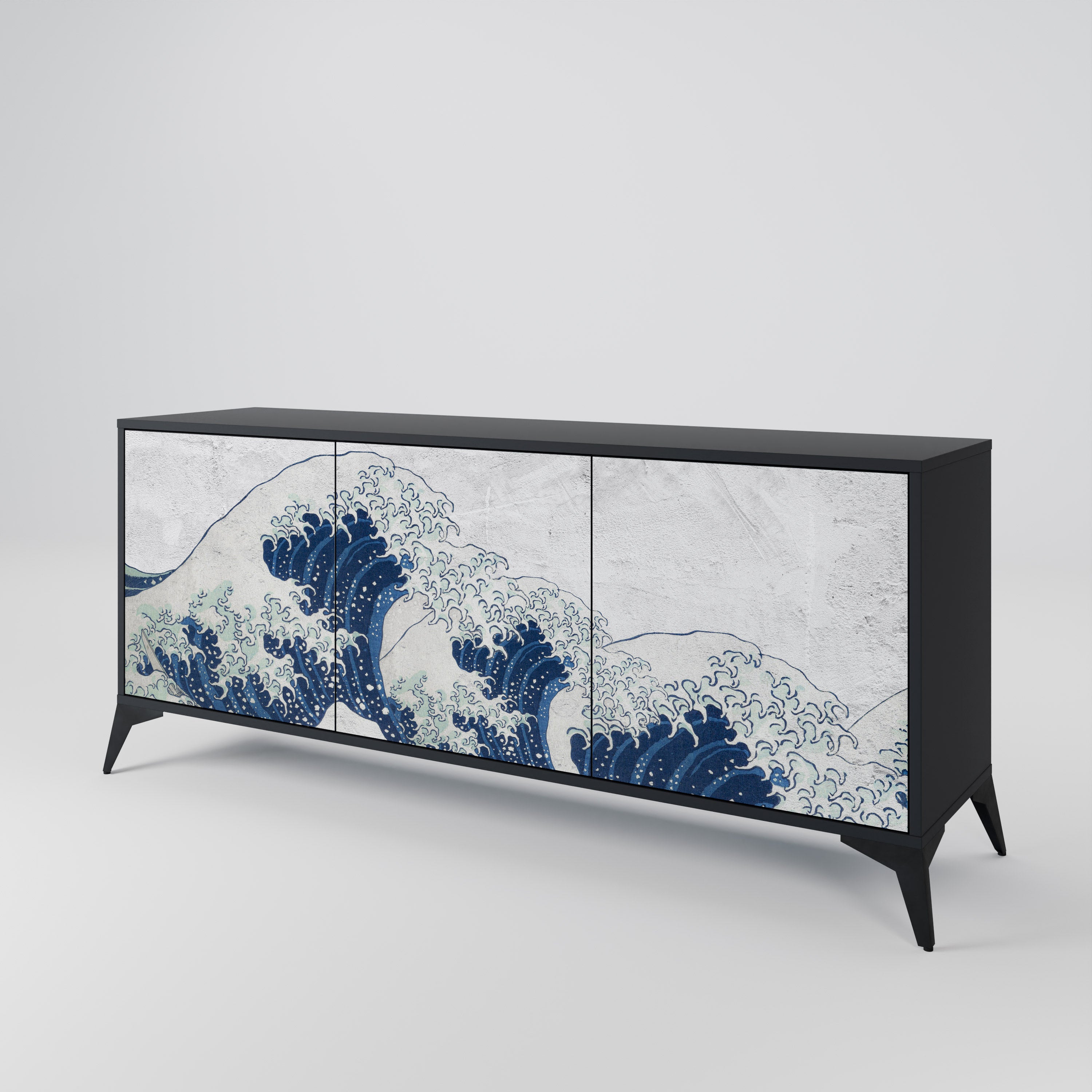 THE GREAT WAVE AT KANAGAWA 3-Door Sideboard in Black Finish