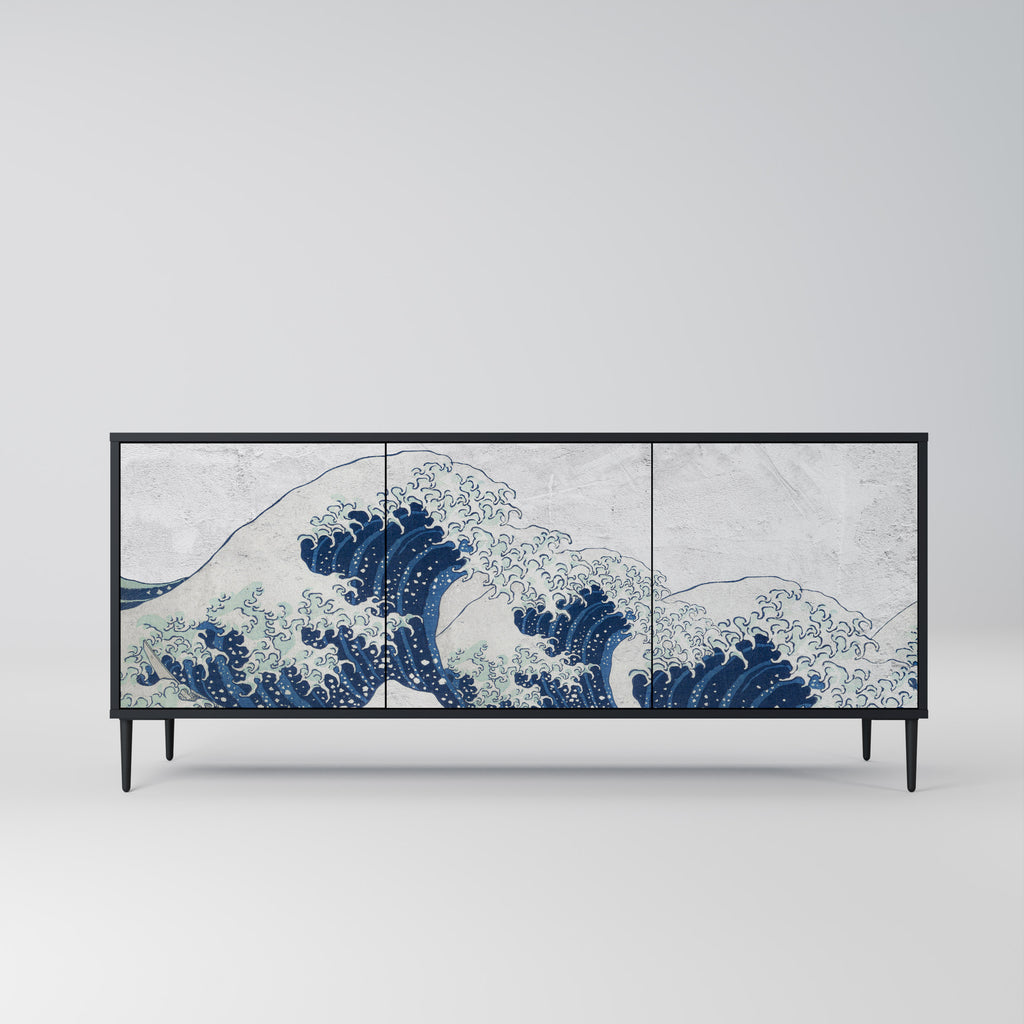 THE GREAT WAVE AT KANAGAWA 3-Door Sideboard in Black Finish