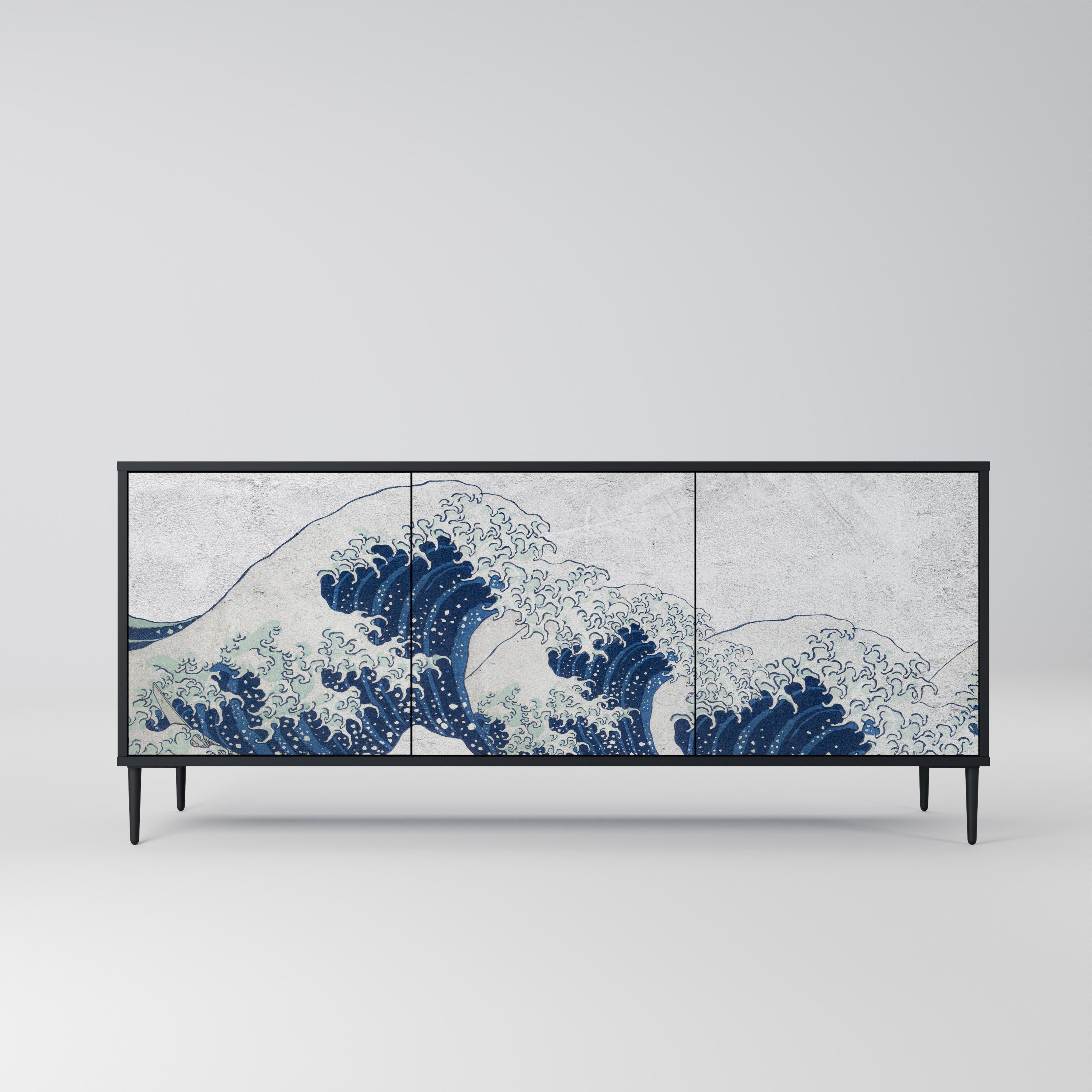 THE GREAT WAVE AT KANAGAWA 3-Door Sideboard in Black Finish