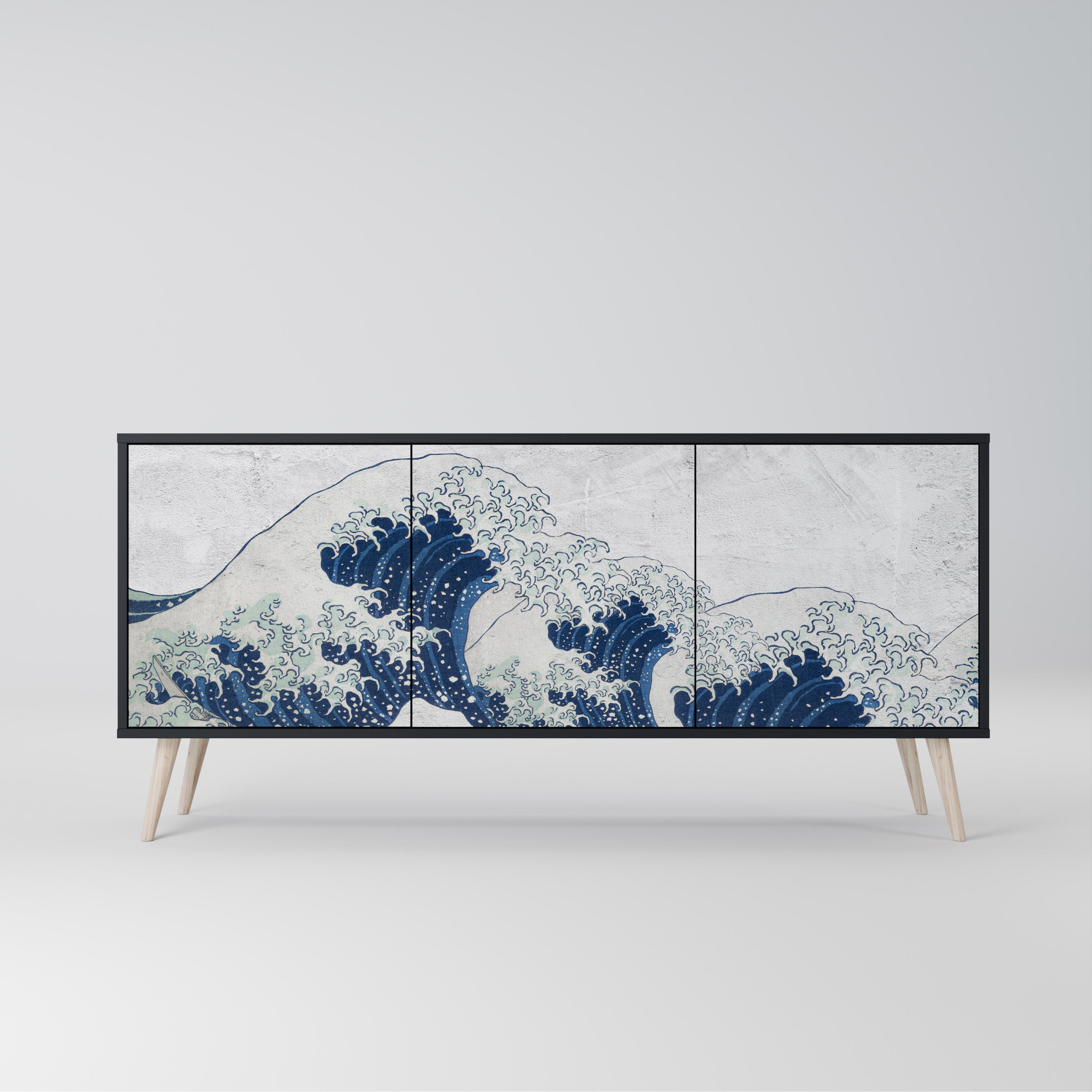 THE GREAT WAVE AT KANAGAWA 3-Door Sideboard in Black Finish
