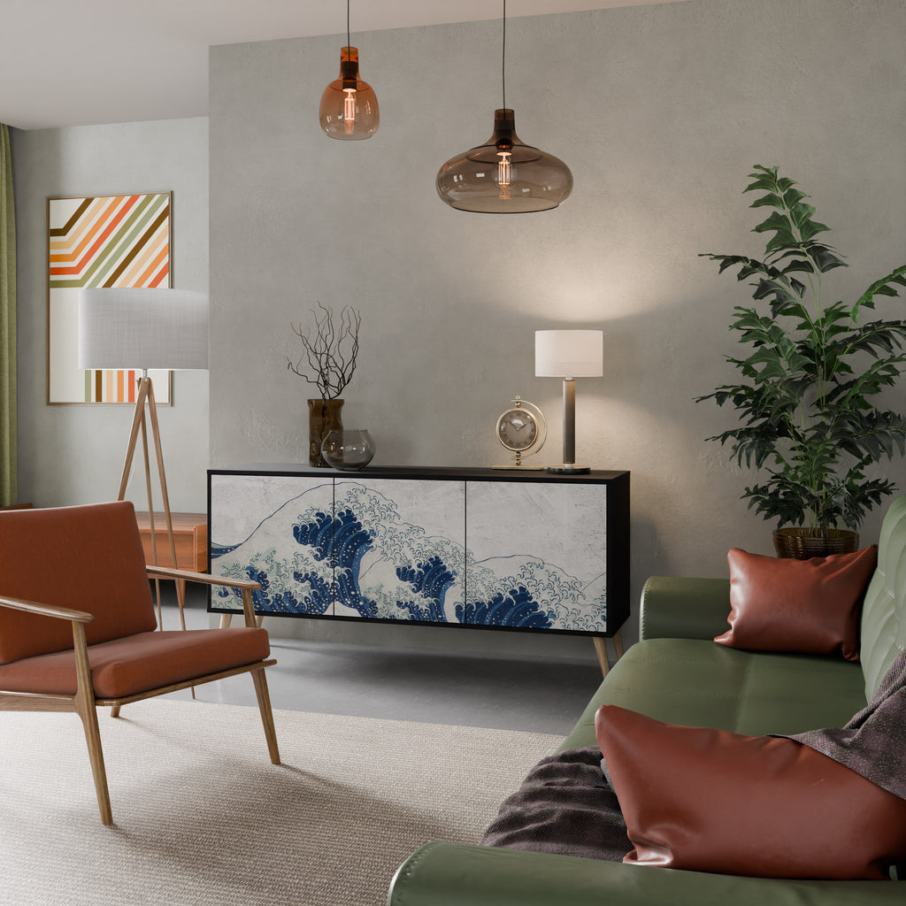 THE GREAT WAVE AT KANAGAWA 3-Door Sideboard in Black Finish