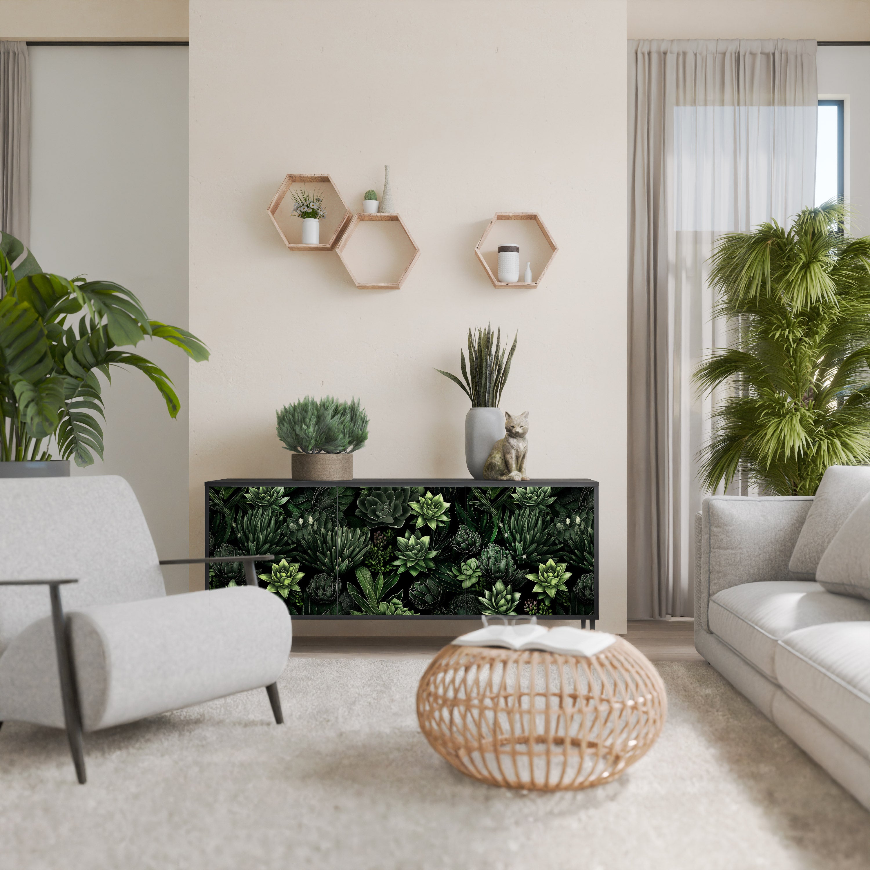 SUCCULENT JUNGLE 3-Door Sideboard in Black Finish