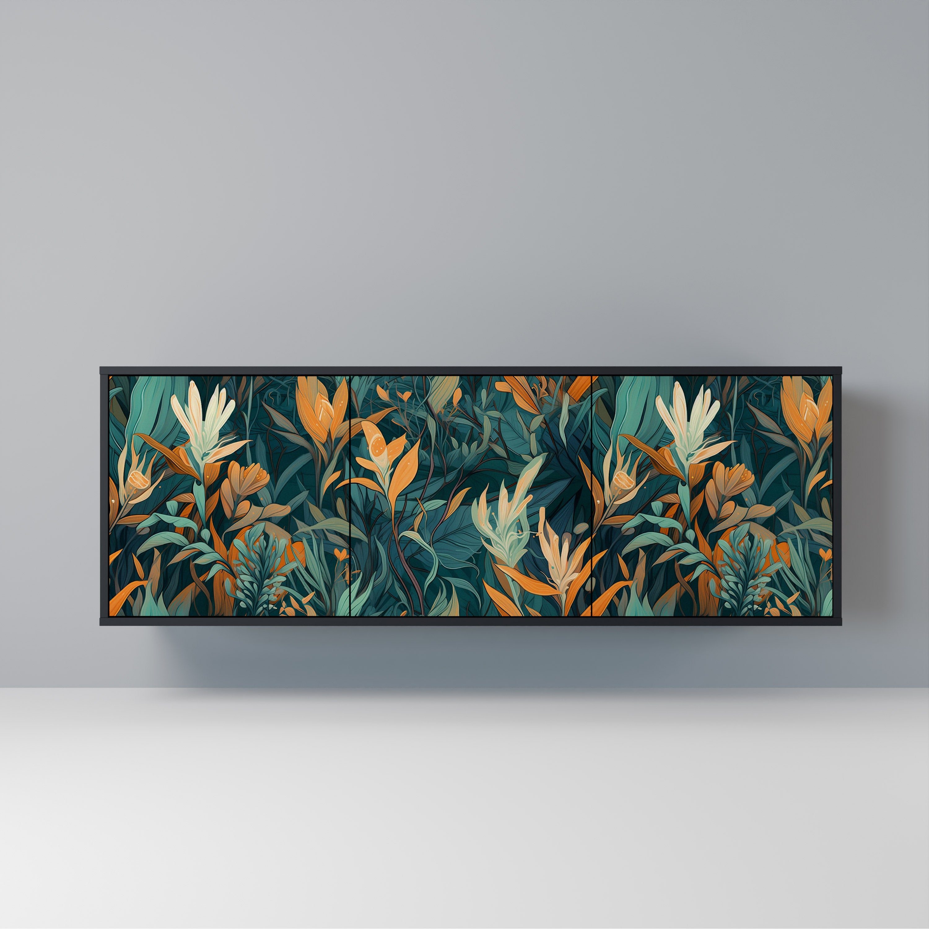 FLORAL SERENITY 3-Door Sideboard in Black Finish