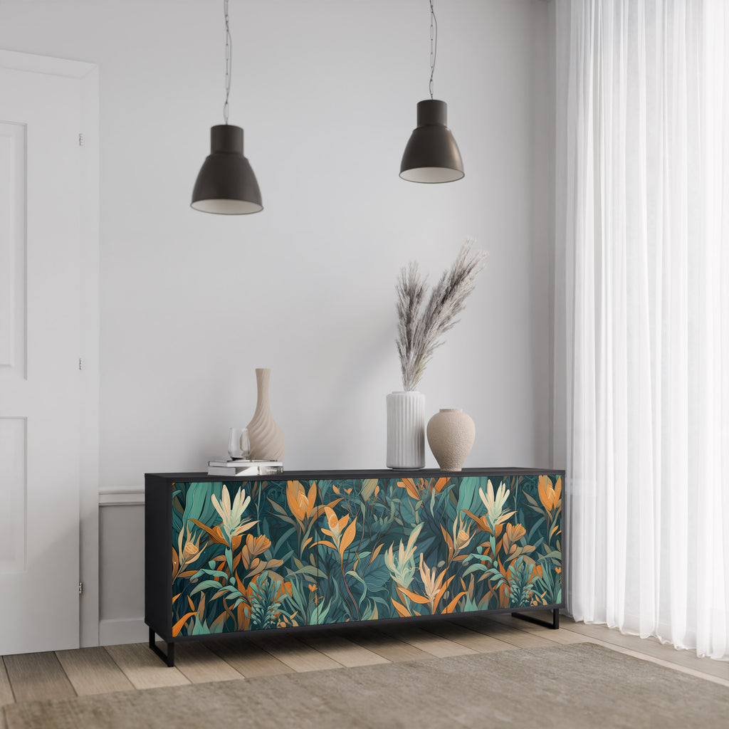 FLORAL SERENITY 3-Door Sideboard in Black Finish