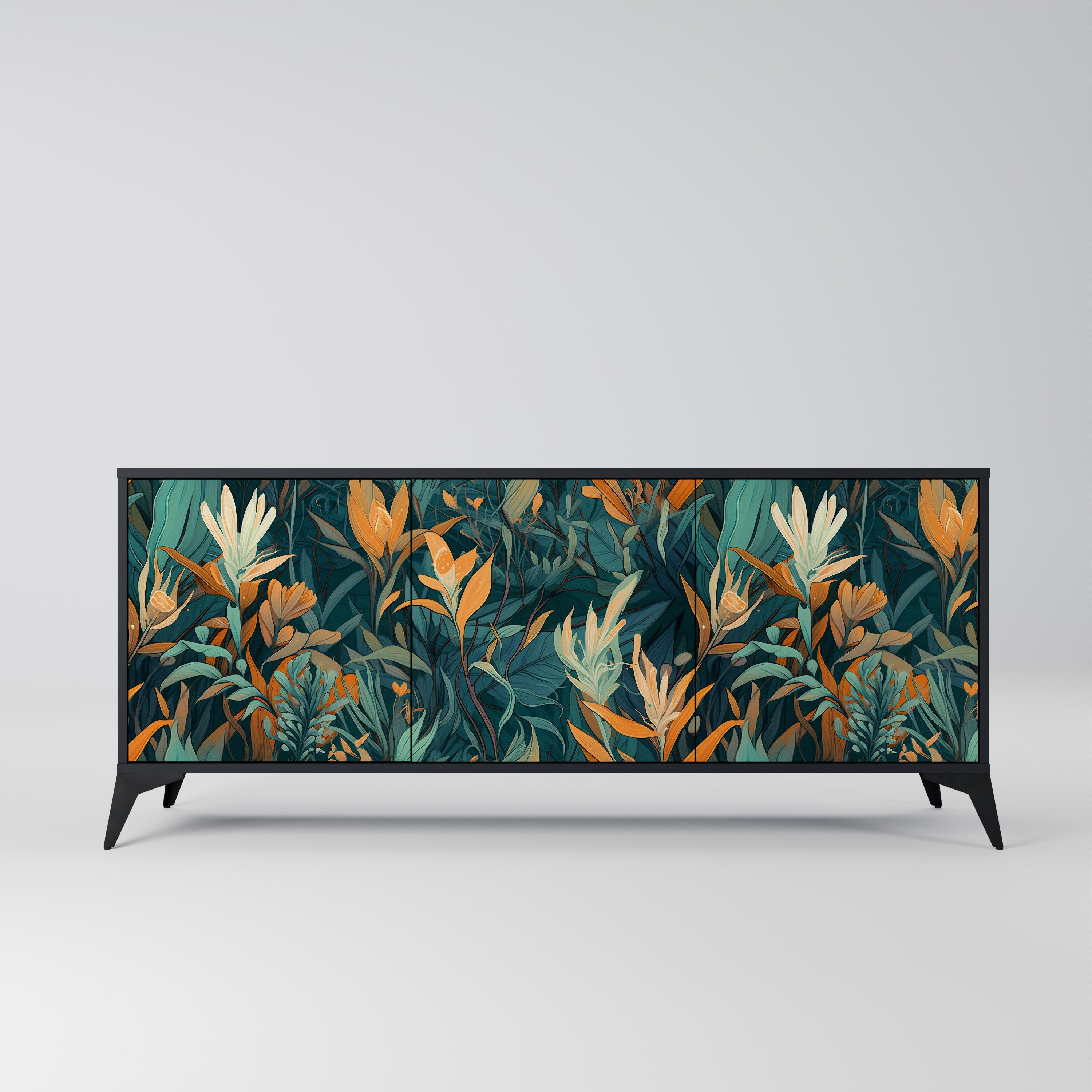FLORAL SERENITY 3-Door Sideboard in Black Finish