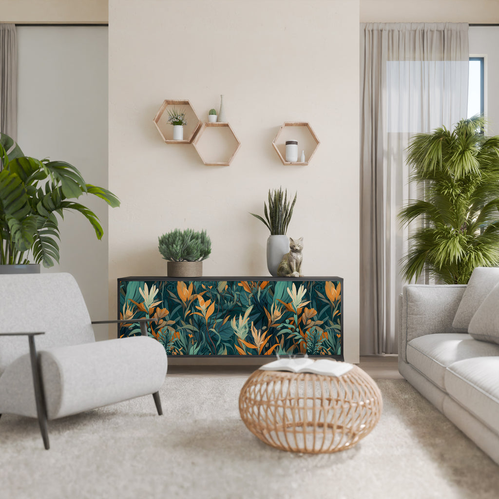 FLORAL SERENITY 3-Door Sideboard in Black Finish