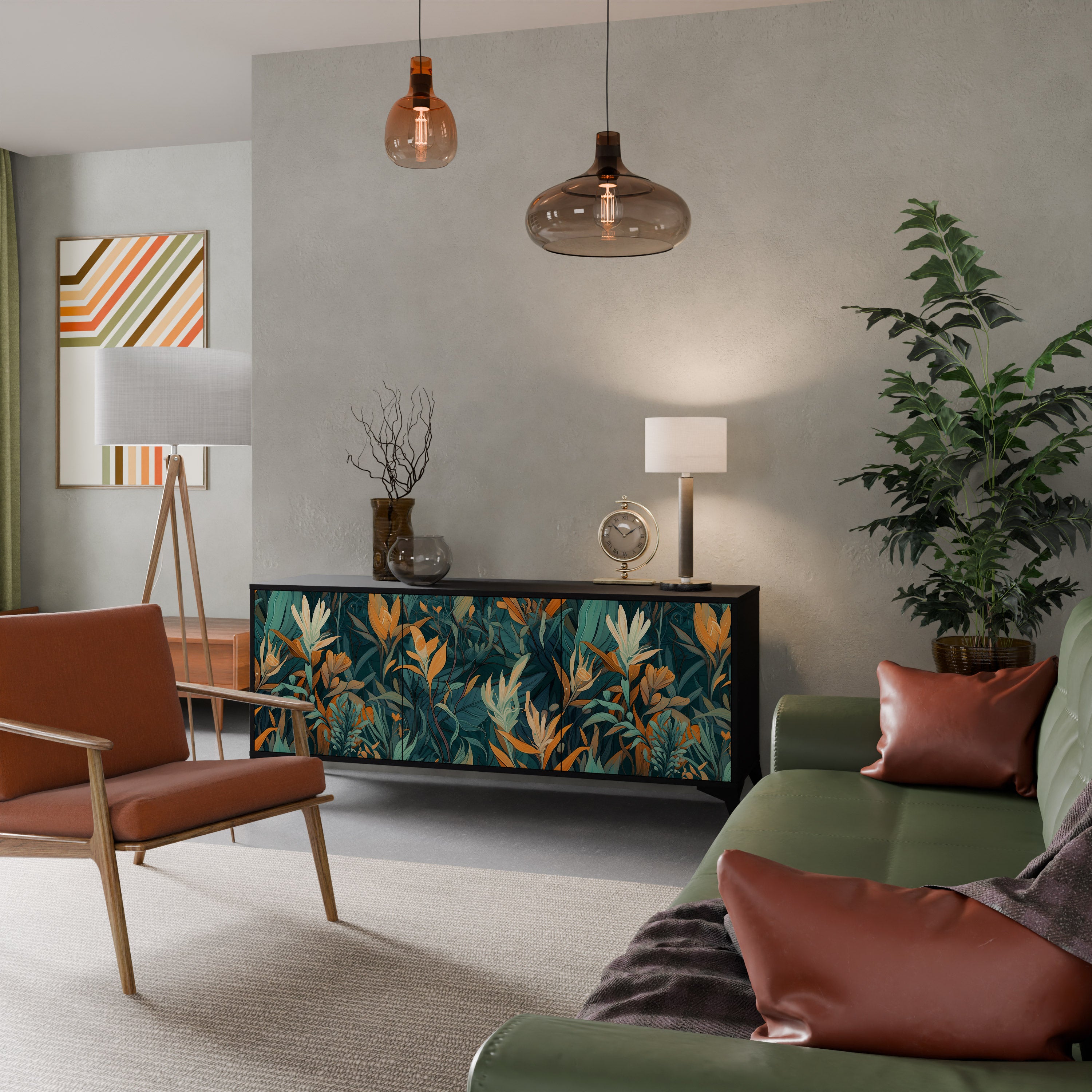 FLORAL SERENITY 3-Door Sideboard in Black Finish