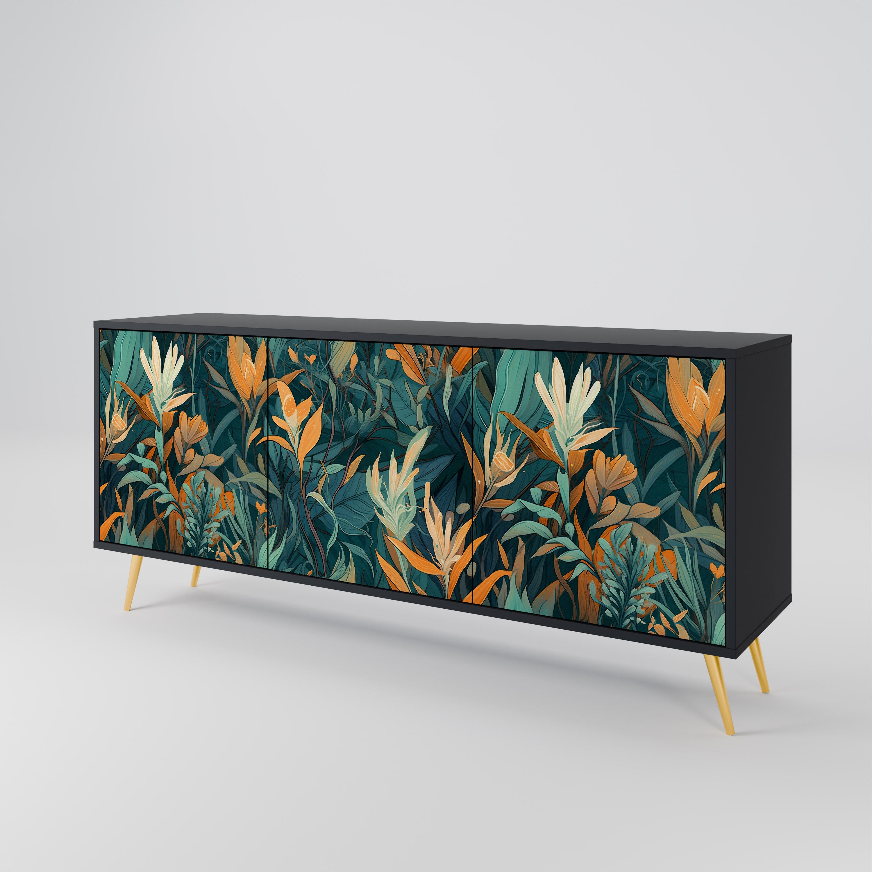 FLORAL SERENITY 3-Door Sideboard in Black Finish