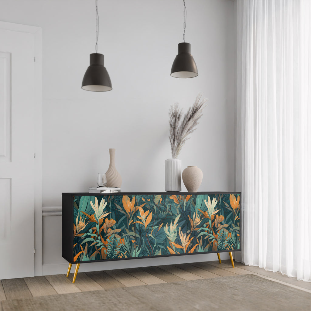 FLORAL SERENITY 3-Door Sideboard in Black Finish