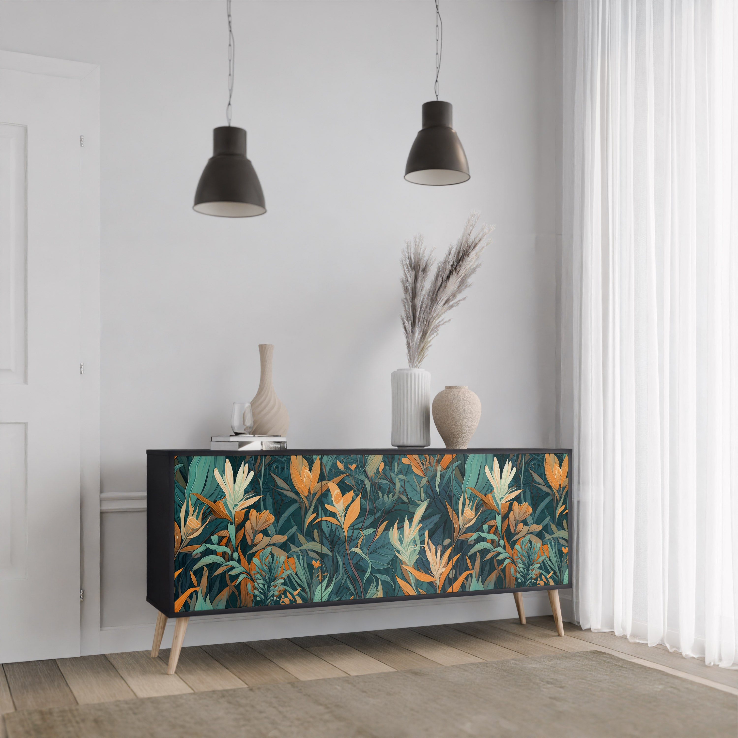 FLORAL SERENITY 3-Door Sideboard in Black Finish