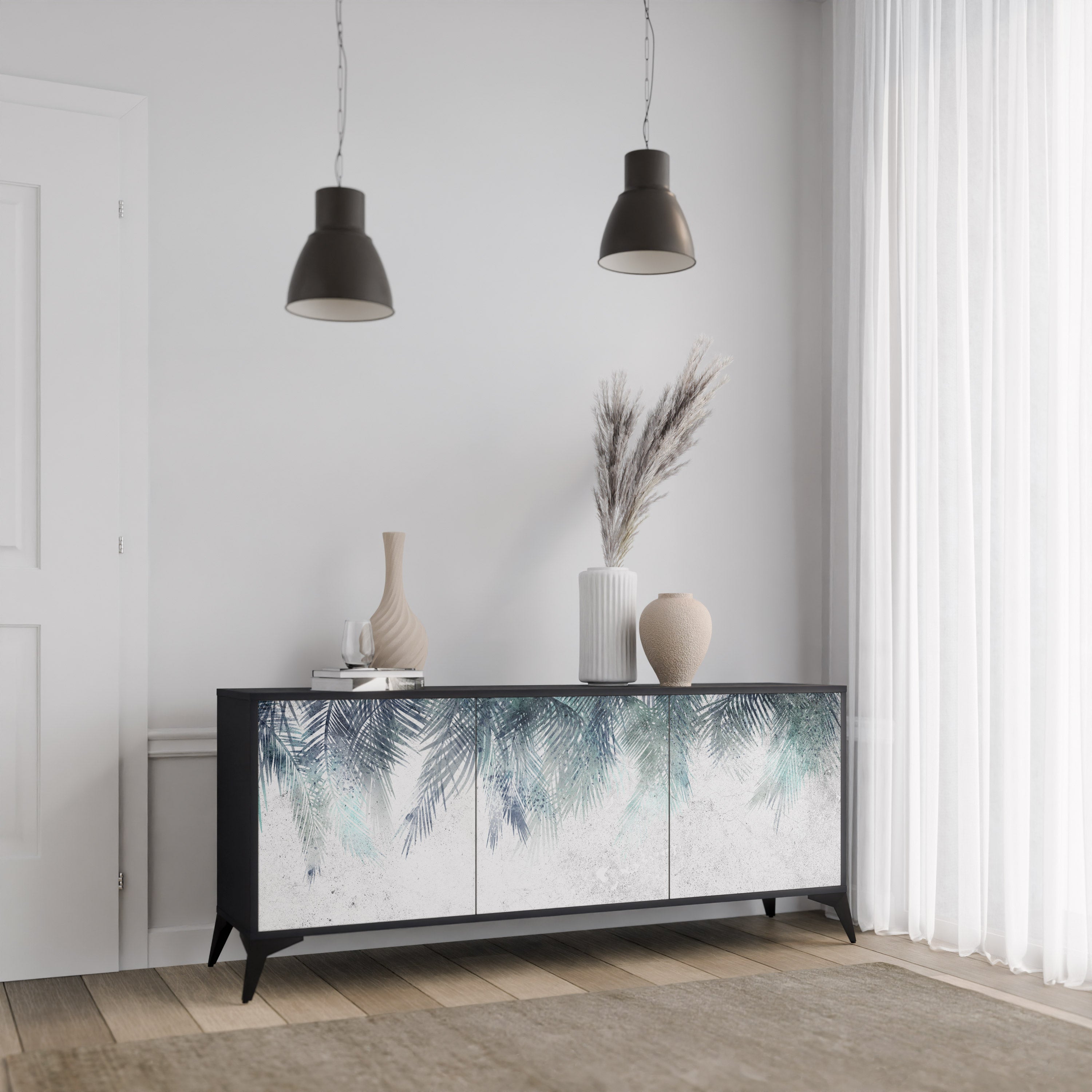 PALM VEIL 3-Door Sideboard in Black Finish