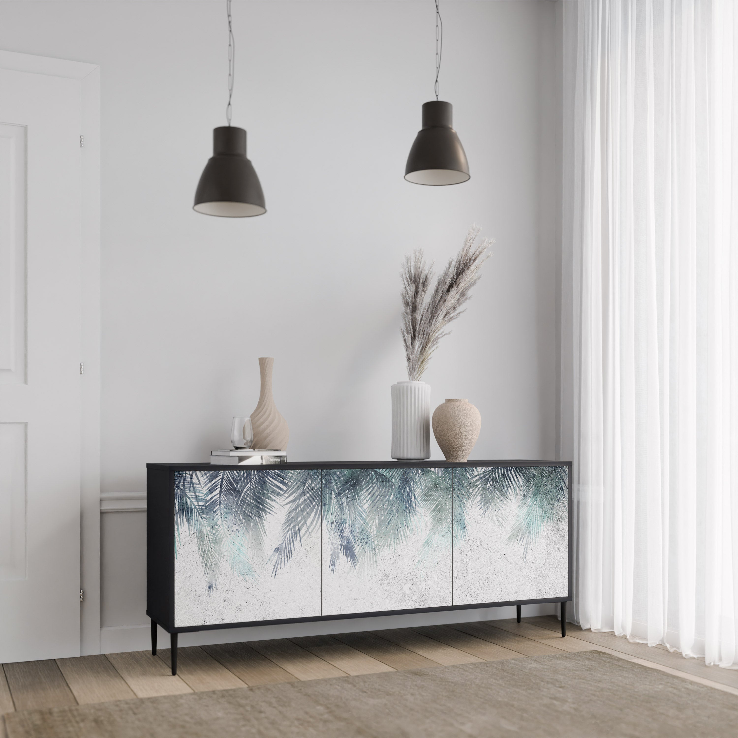PALM VEIL 3-Door Sideboard in Black Finish