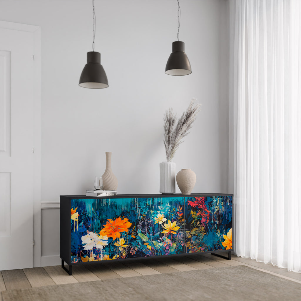 MIDNIGHT BLOSSOM 3-Door Sideboard in Black Finish