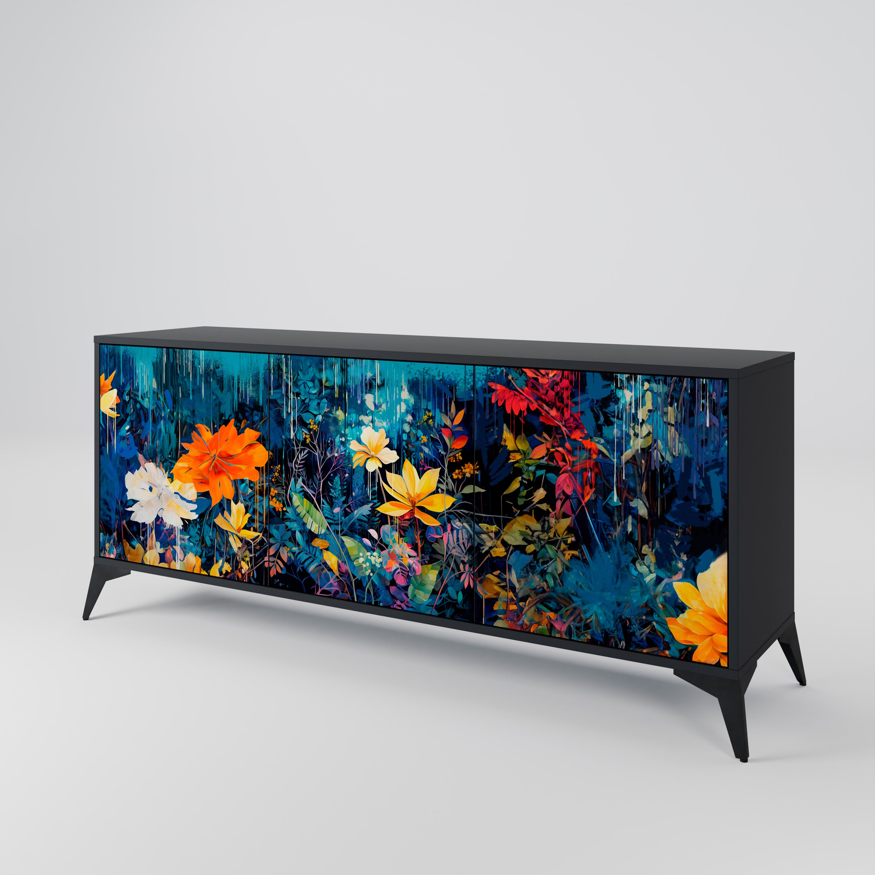MIDNIGHT BLOSSOM 3-Door Sideboard in Black Finish