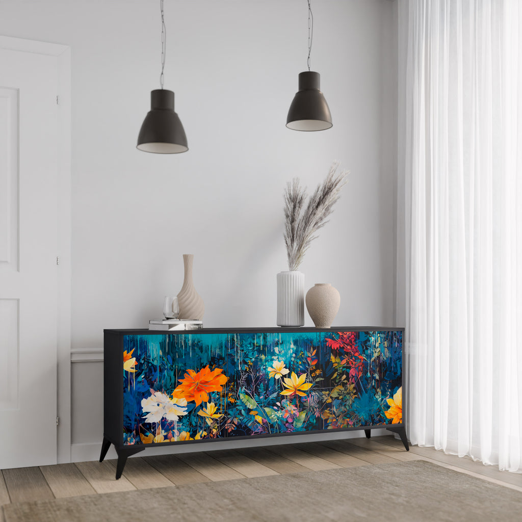 MIDNIGHT BLOSSOM 3-Door Sideboard in Black Finish