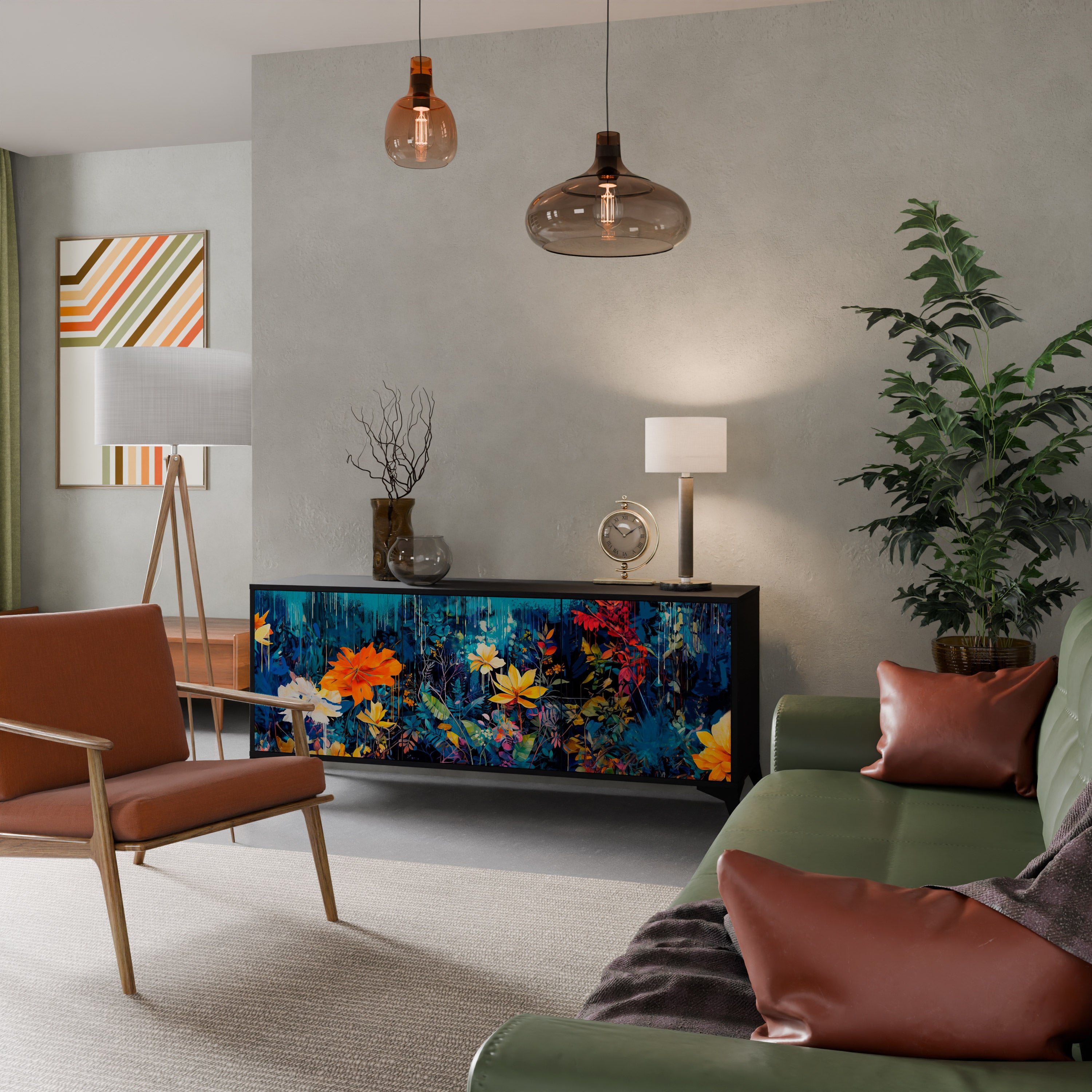 MIDNIGHT BLOSSOM 3-Door Sideboard in Black Finish