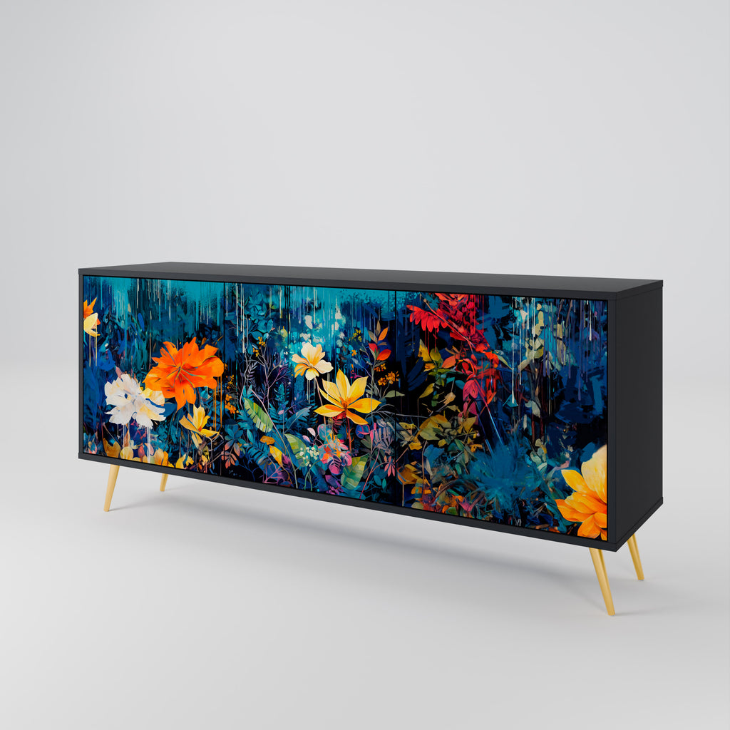 MIDNIGHT BLOSSOM 3-Door Sideboard in Black Finish