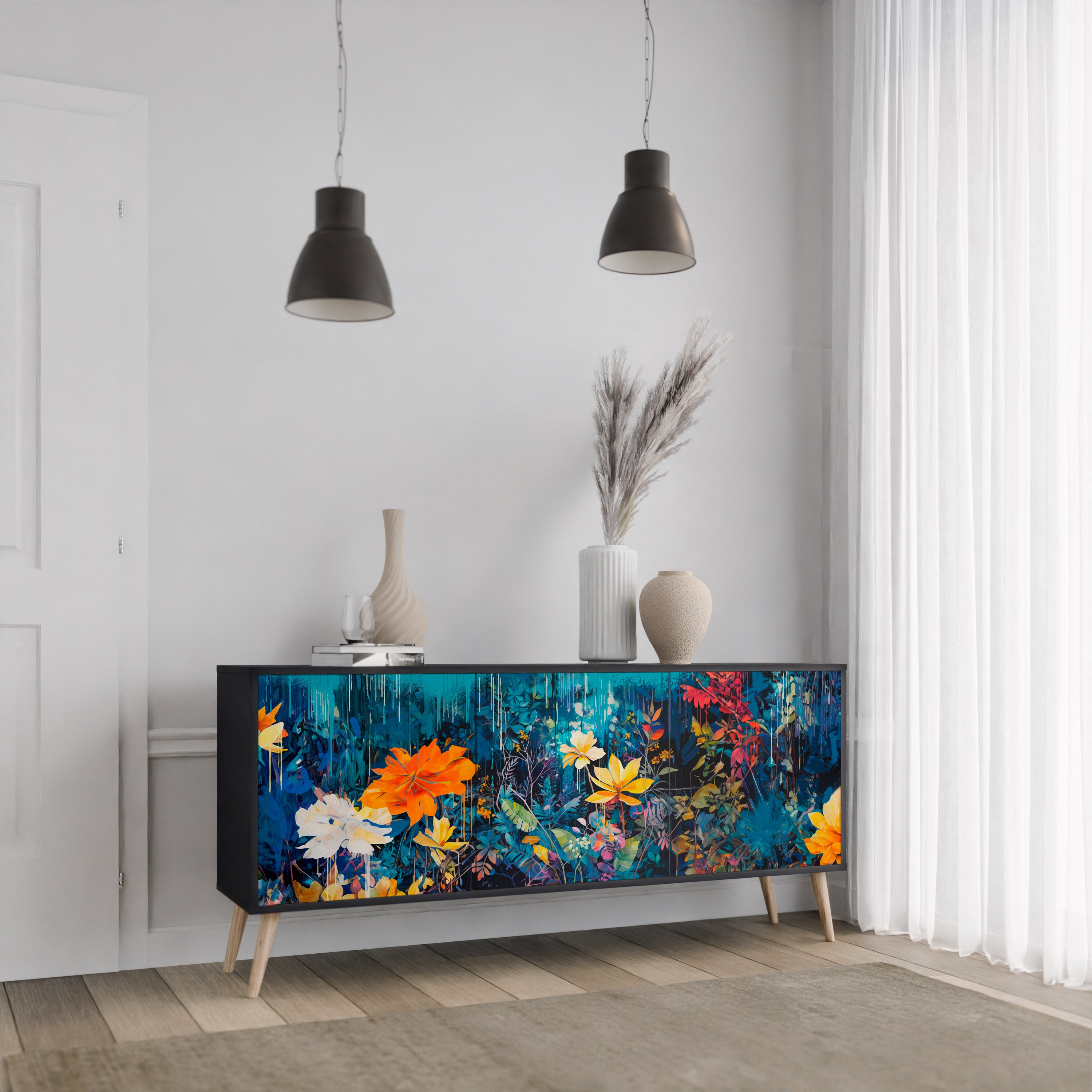 MIDNIGHT BLOSSOM 3-Door Sideboard in Black Finish