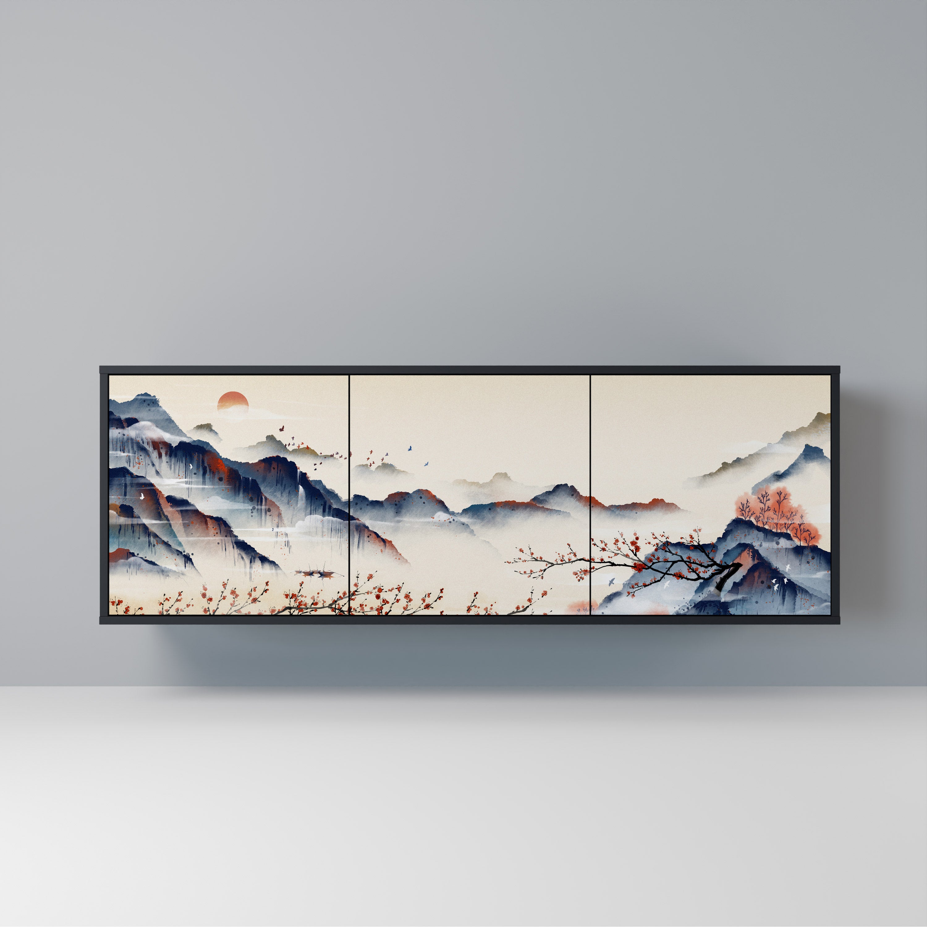 JAPANESE LANDSCAPE 3-Door Sideboard in Black Finish