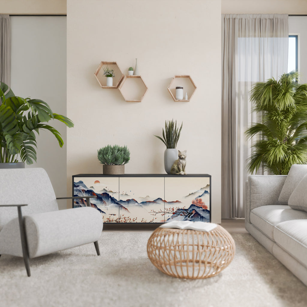 JAPANESE LANDSCAPE 3-Door Sideboard in Black Finish