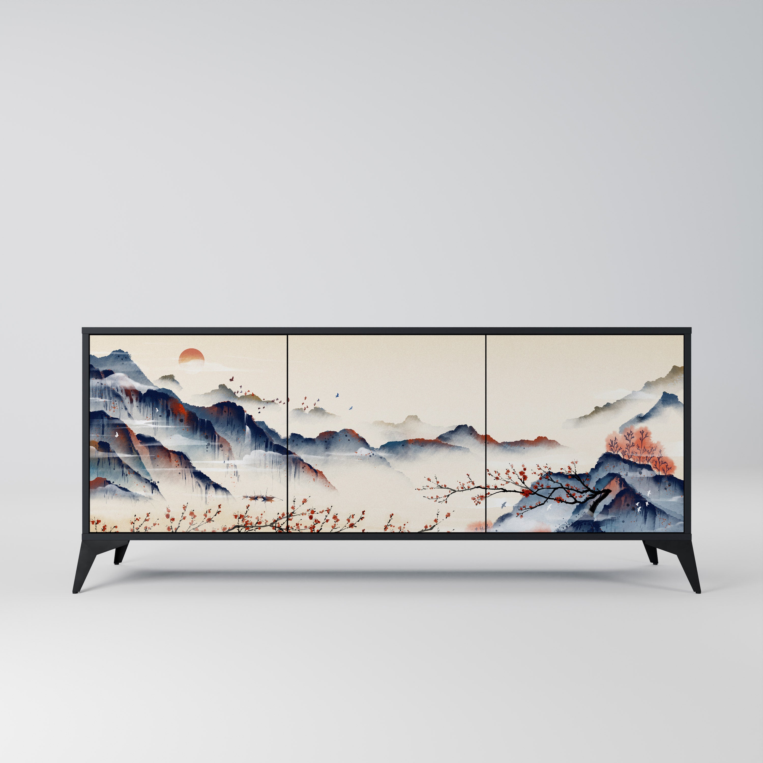 JAPANESE LANDSCAPE 3-Door Sideboard in Black Finish