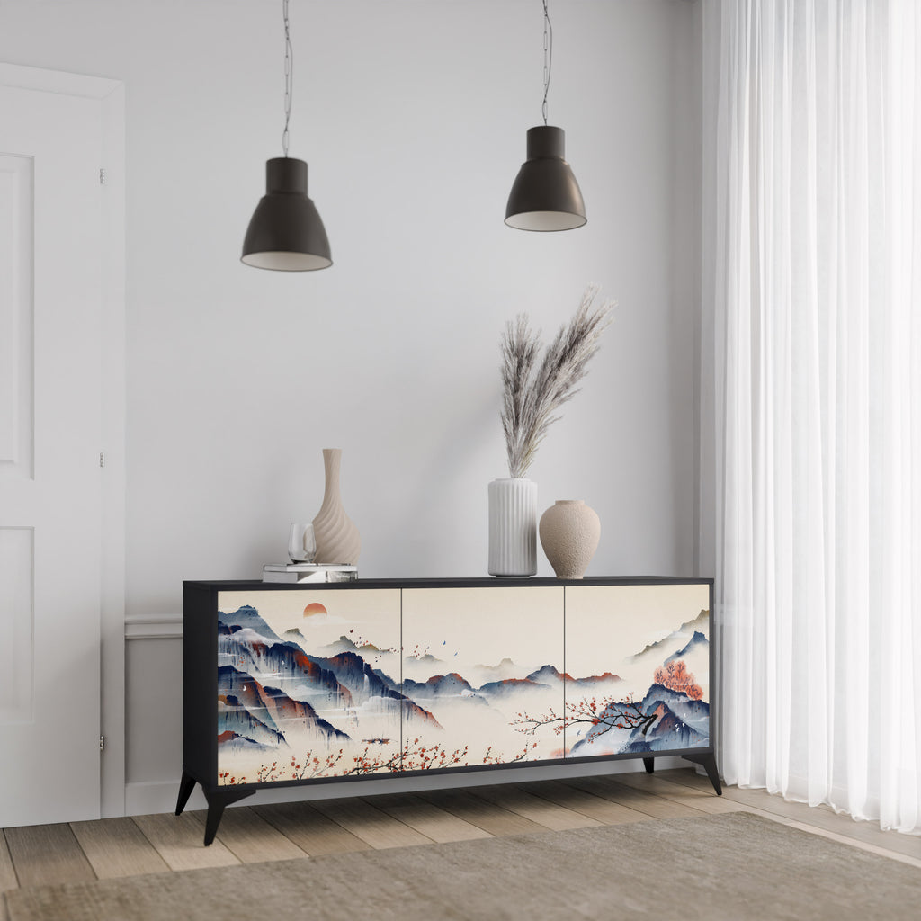 JAPANESE LANDSCAPE 3-Door Sideboard in Black Finish