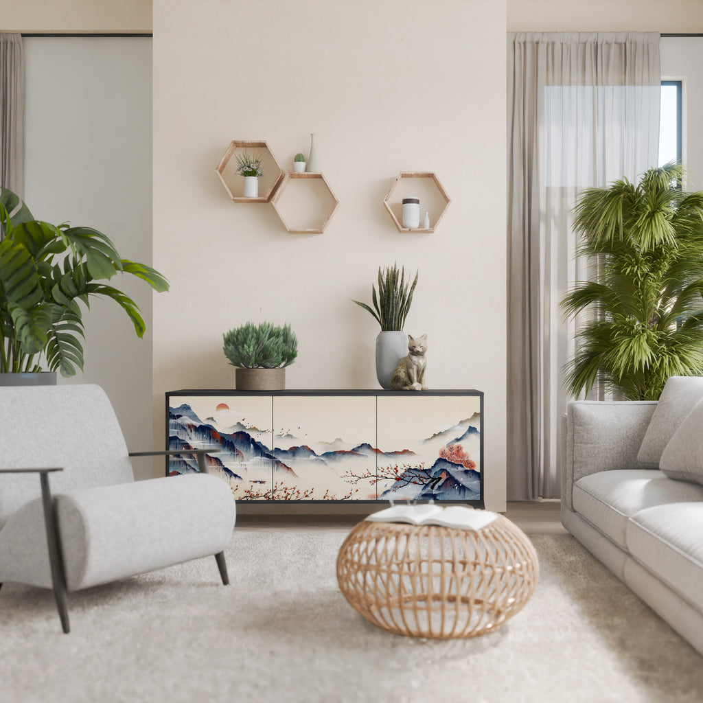 JAPANESE LANDSCAPE 3-Door Sideboard in Black Finish