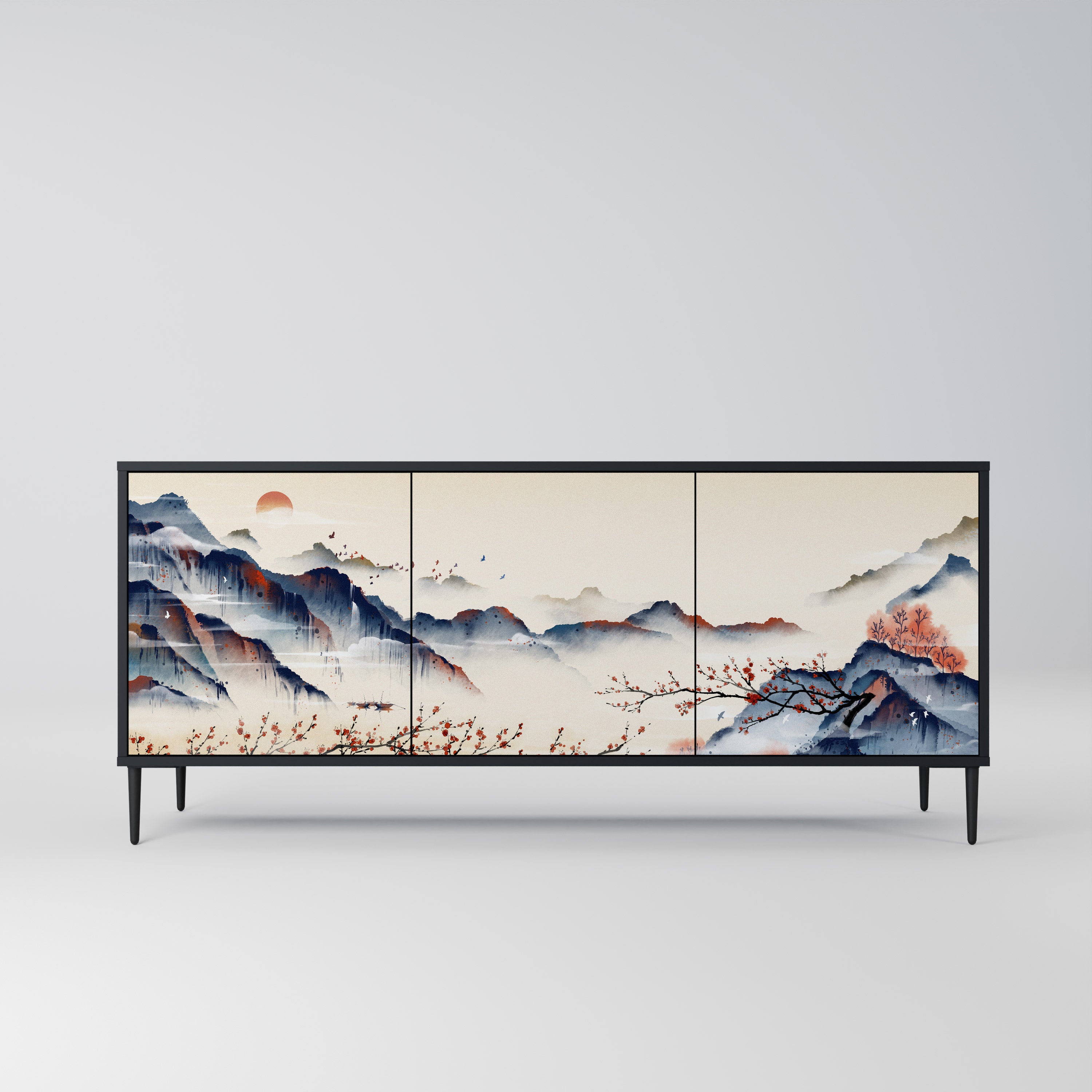 JAPANESE LANDSCAPE 3-Door Sideboard in Black Finish