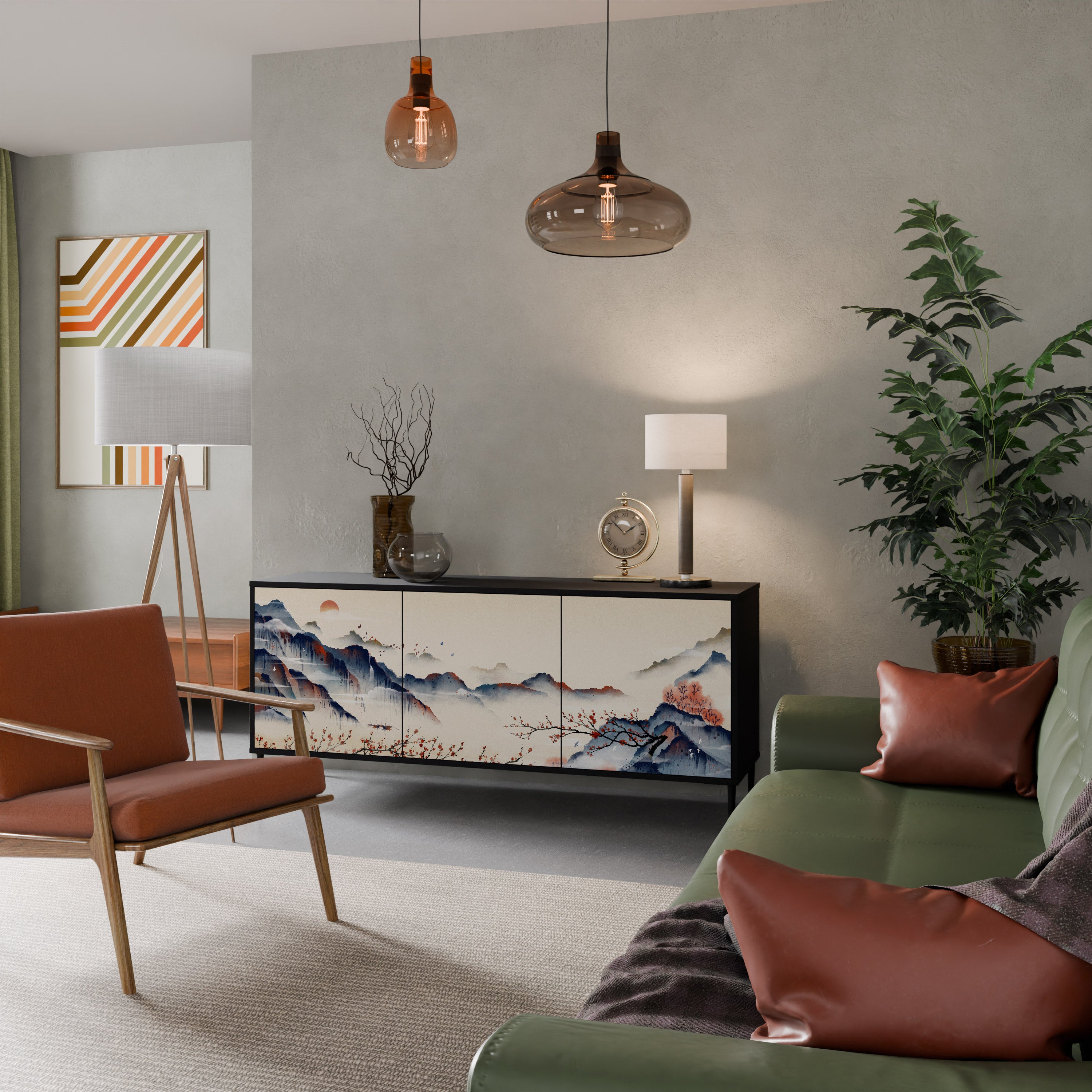 JAPANESE LANDSCAPE 3-Door Sideboard in Black Finish