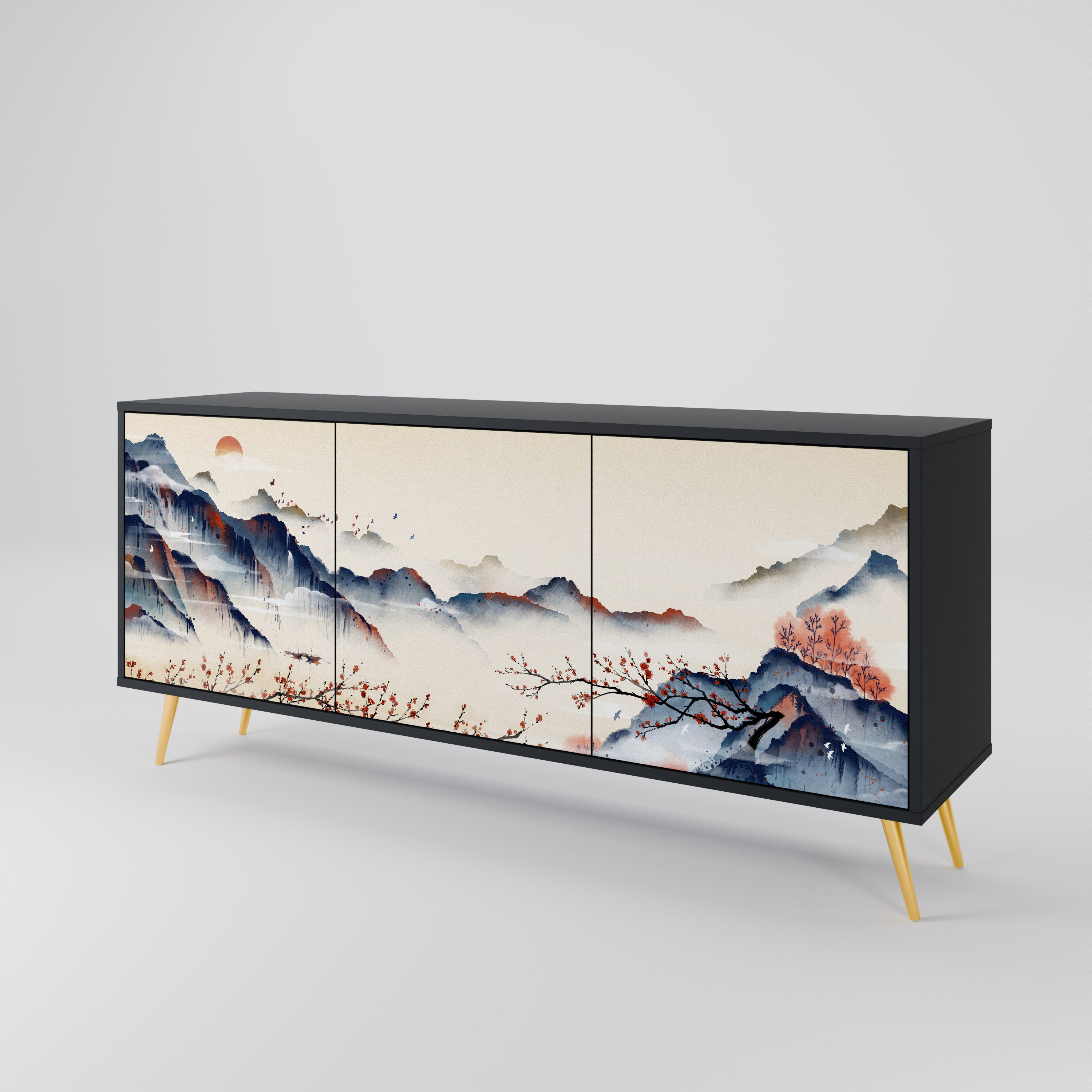 JAPANESE LANDSCAPE 3-Door Sideboard in Black Finish
