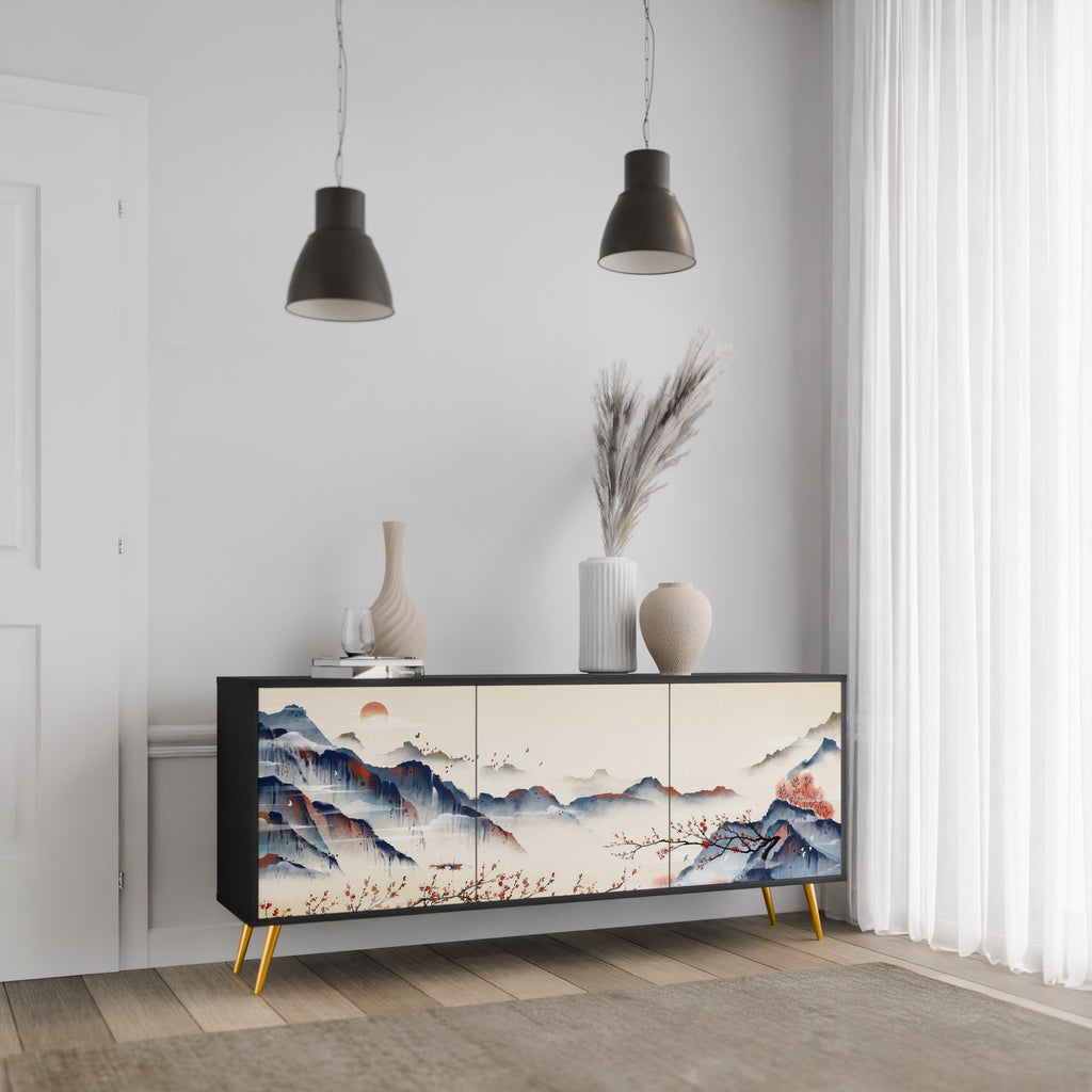 JAPANESE LANDSCAPE 3-Door Sideboard in Black Finish