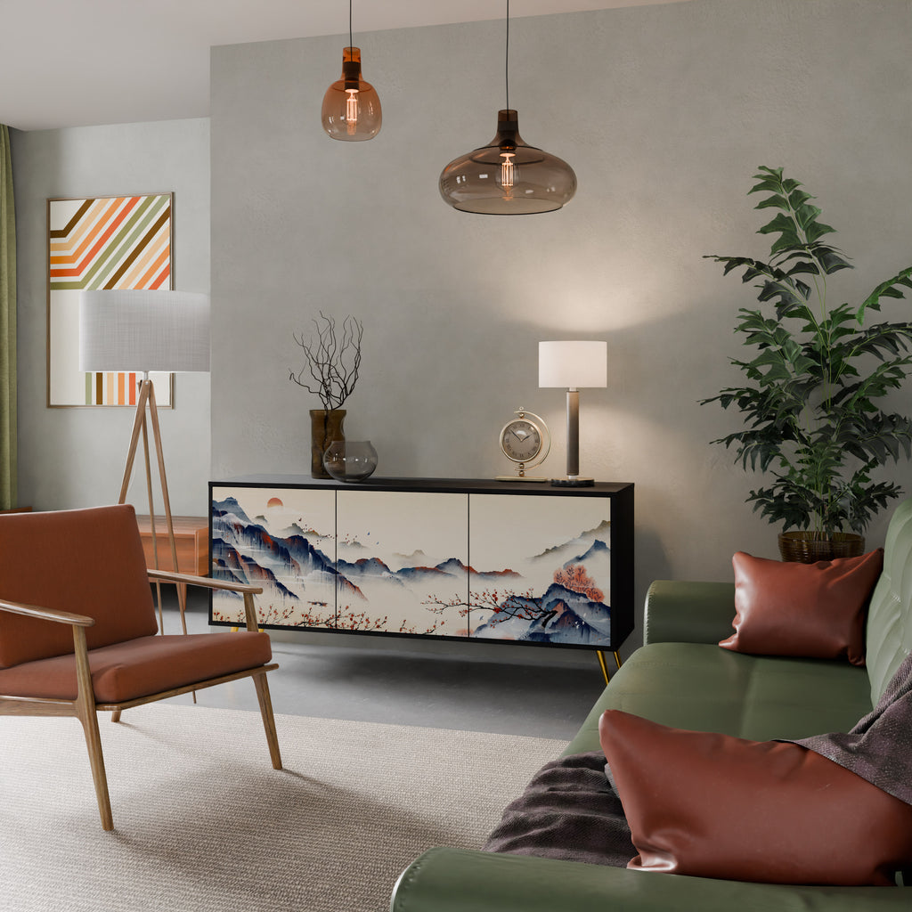 JAPANESE LANDSCAPE 3-Door Sideboard in Black Finish