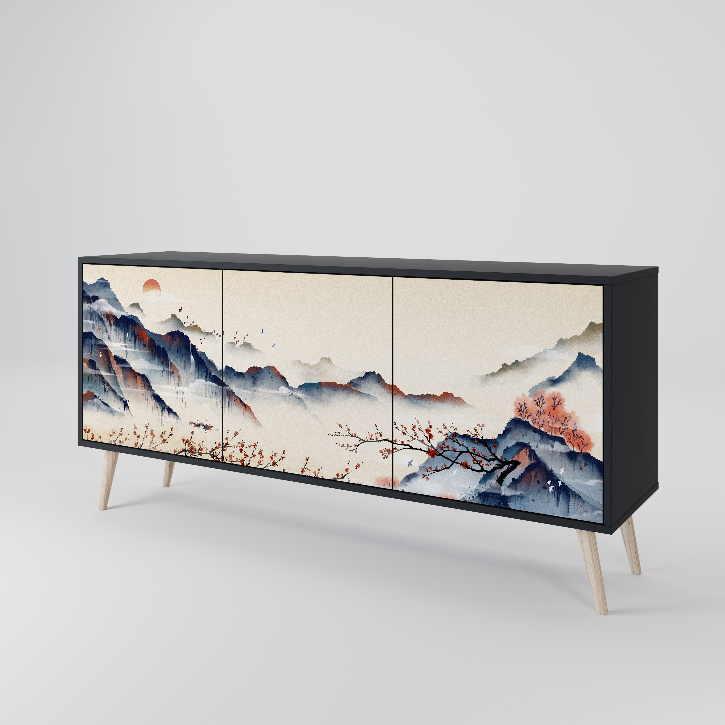 JAPANESE LANDSCAPE 3-Door Sideboard in Black Finish