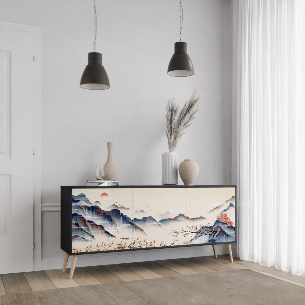 JAPANESE LANDSCAPE 3-Door Sideboard in Black Finish