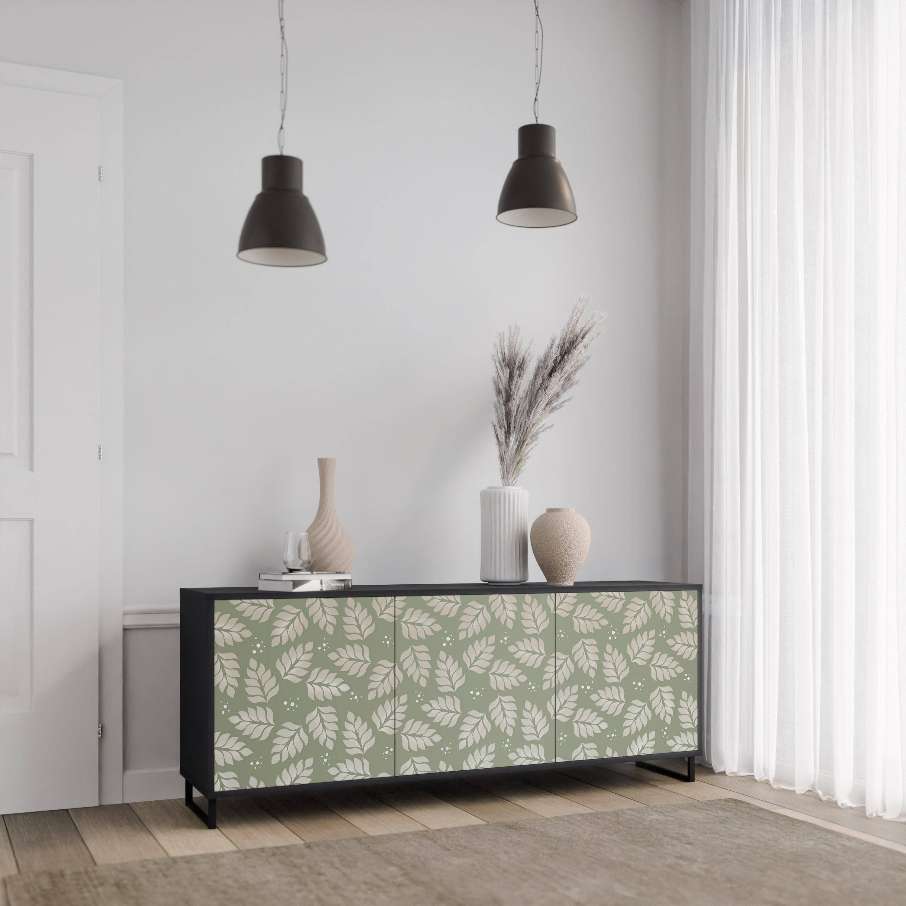 LEAVES ON GREEN 3-Door Sideboard in Black Finish