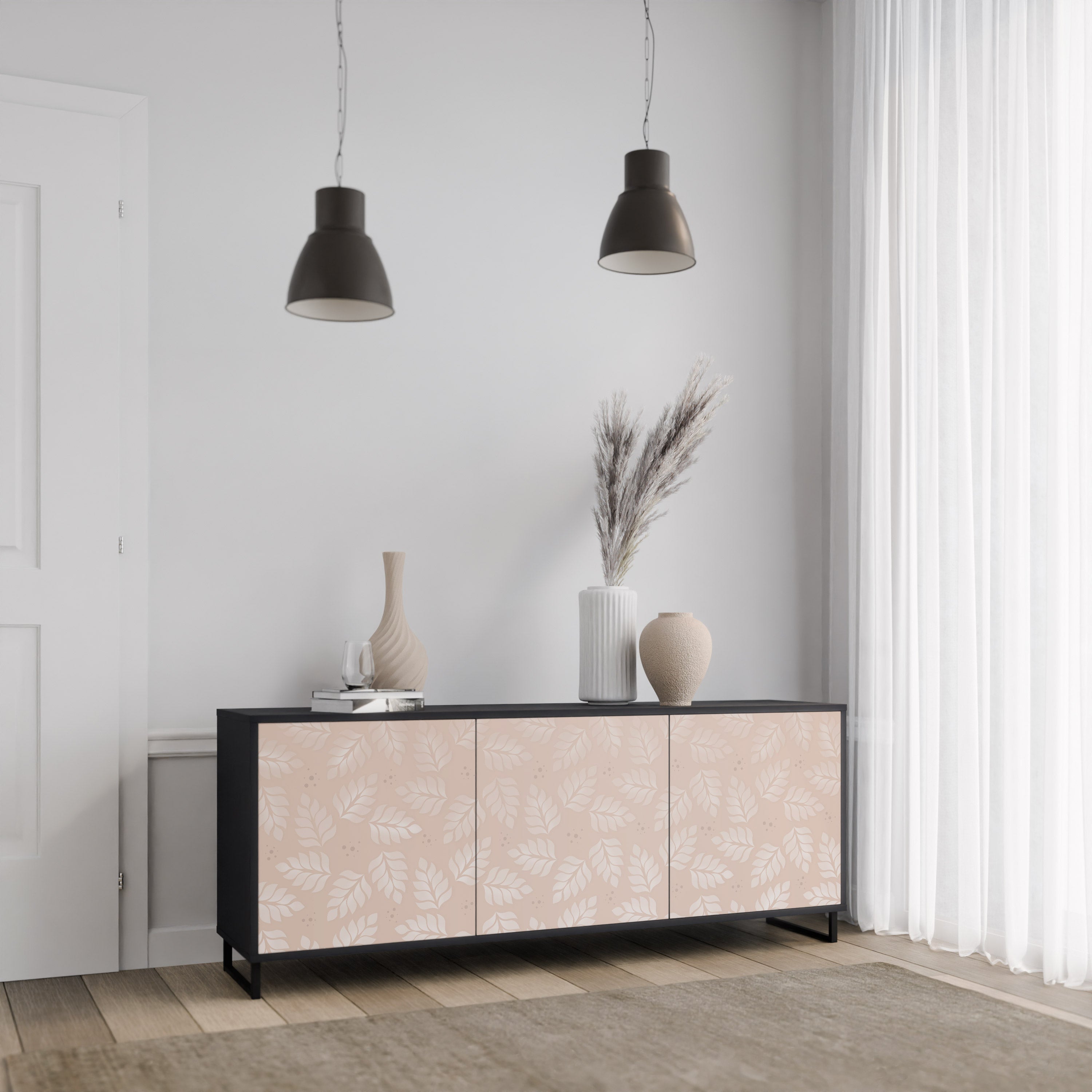 LEAVES ON BEIGE 3-Door Sideboard in Black Finish